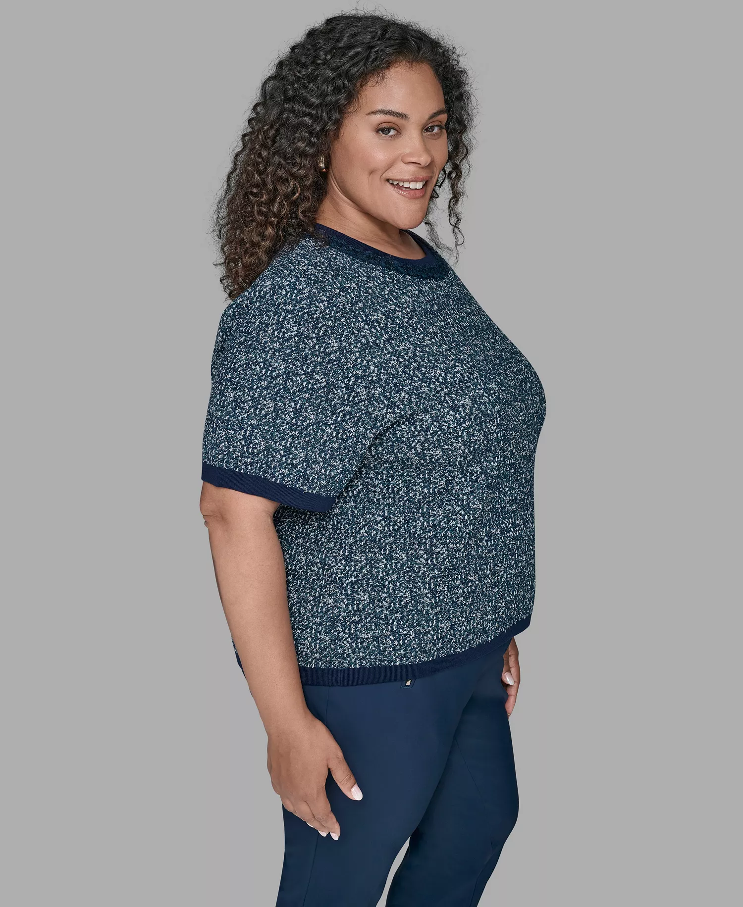 KARL LAGERFIELD PARIS Plus Size Short Sleeve Crew Sweater - Blue Soft White - 0X