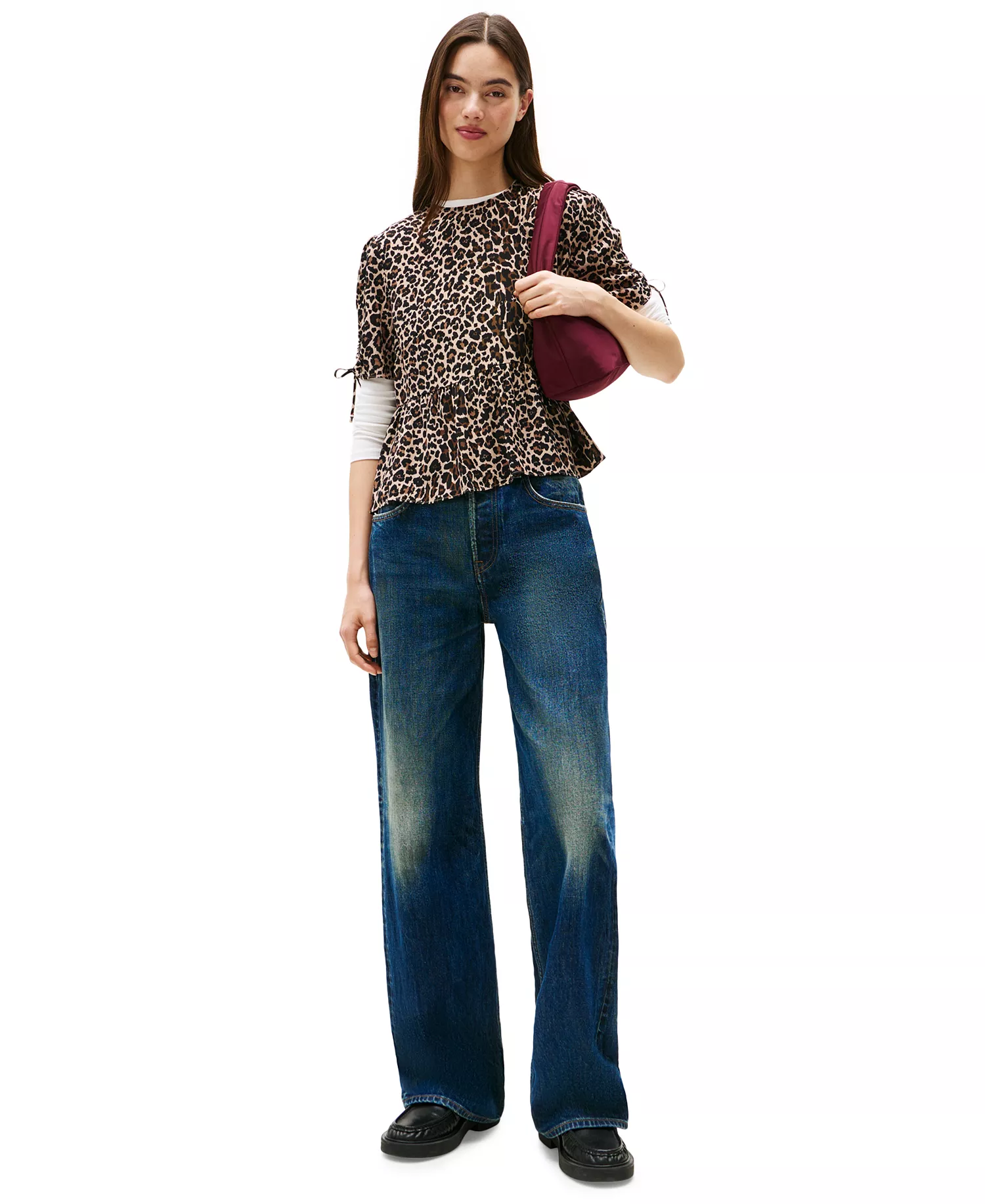 Women's Leopard-Print Tie-Sleeve Blouse - Leopard Aop - L