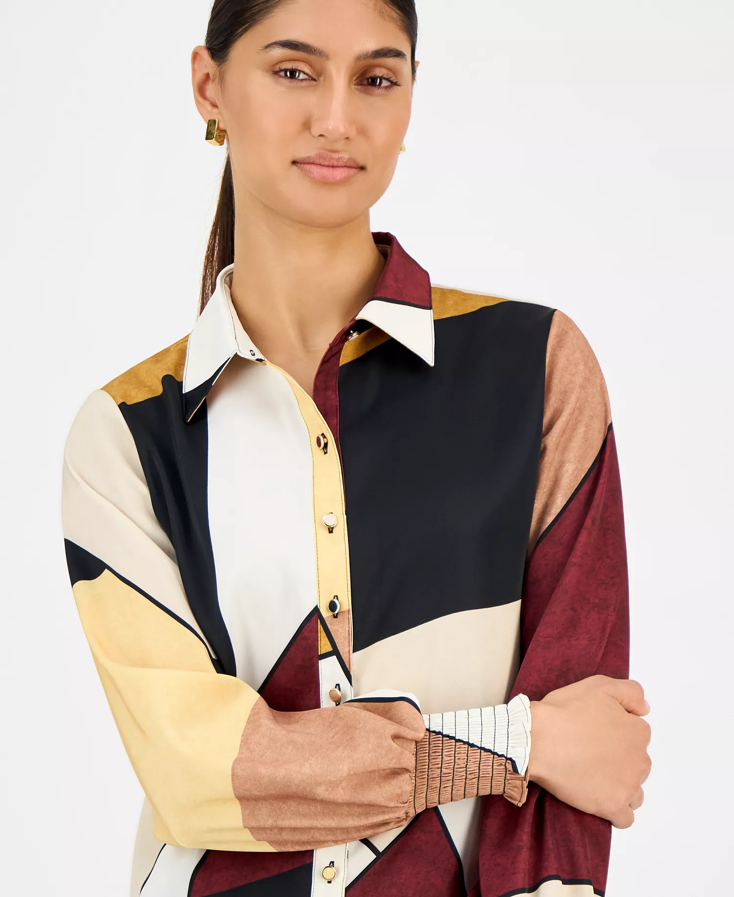 Women's Printed Blouson-Sleeve Shirt - Sueded Blocks - L