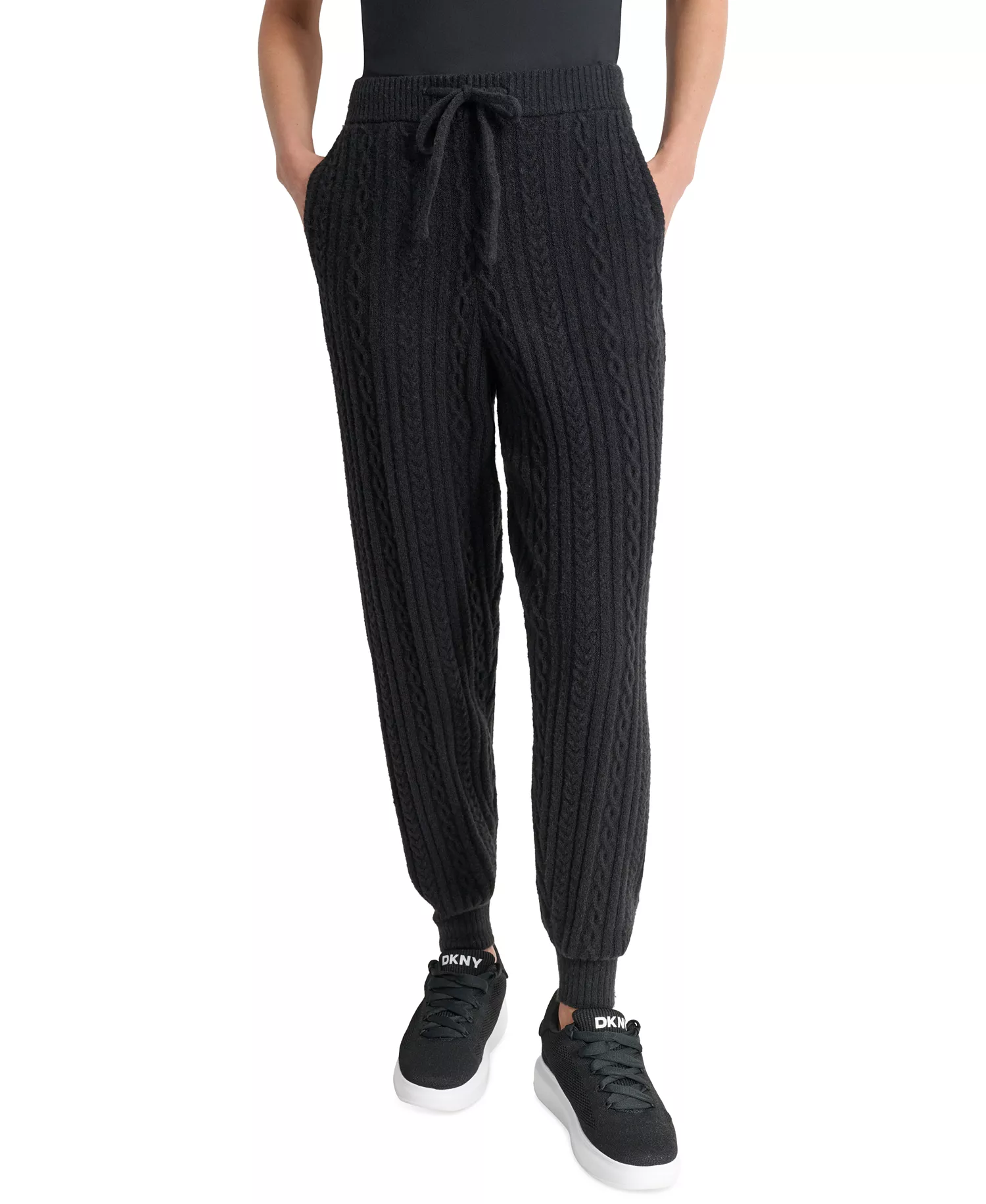 Women's Drawstring Cable Knit Joggers - Black - L