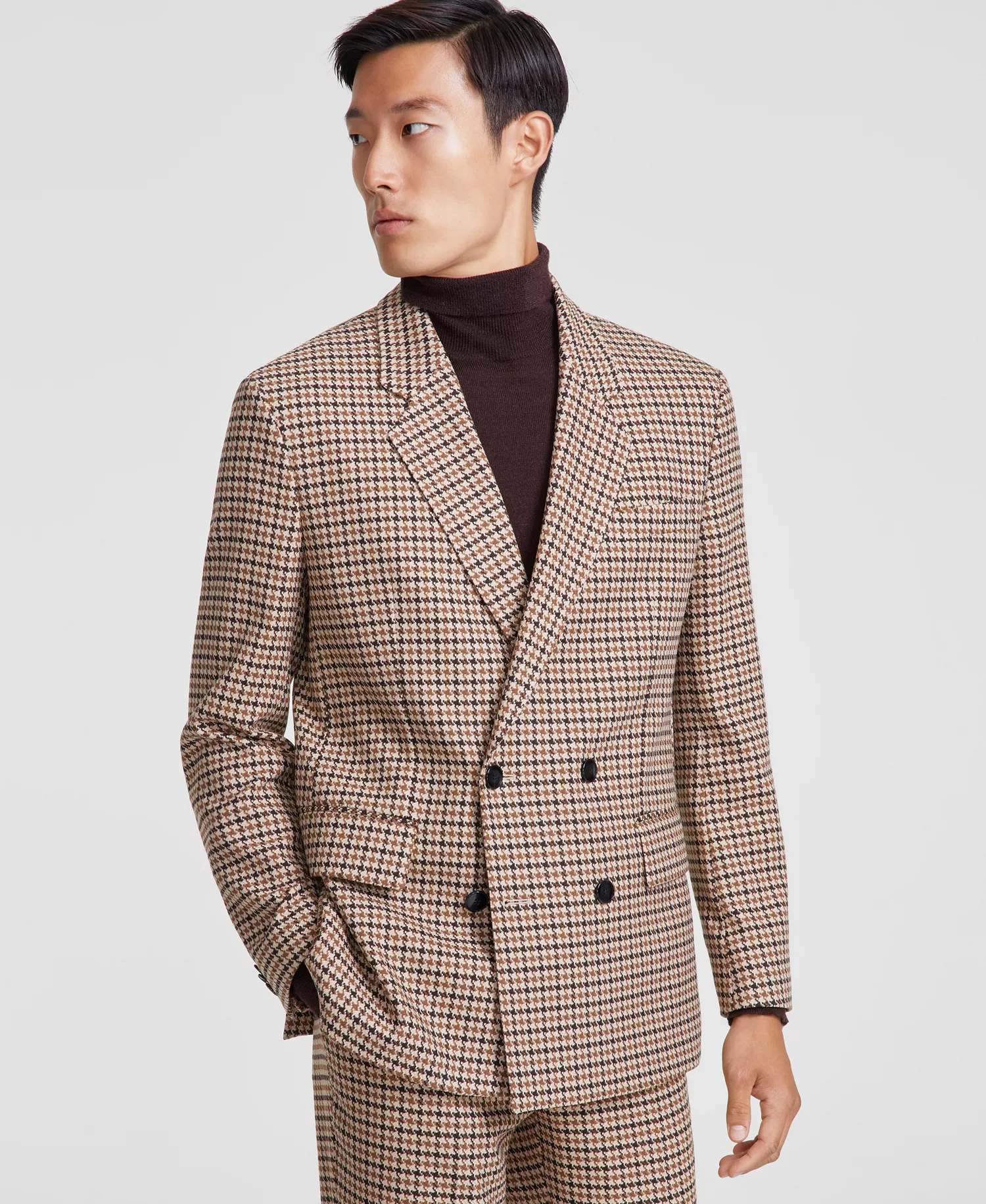 Men's Modern-Fit Houndstooth Double-Breasted Suit Jacket - Dark Brown - 40S