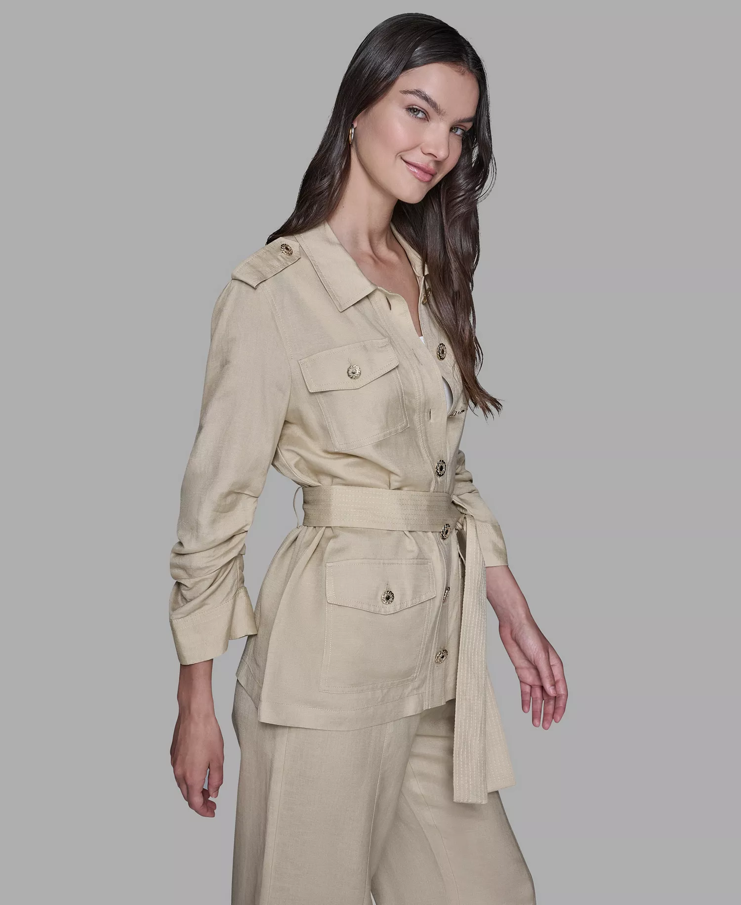 Women's Collared Linen-Blend Belted Jacket - Desert Sand Multi - L