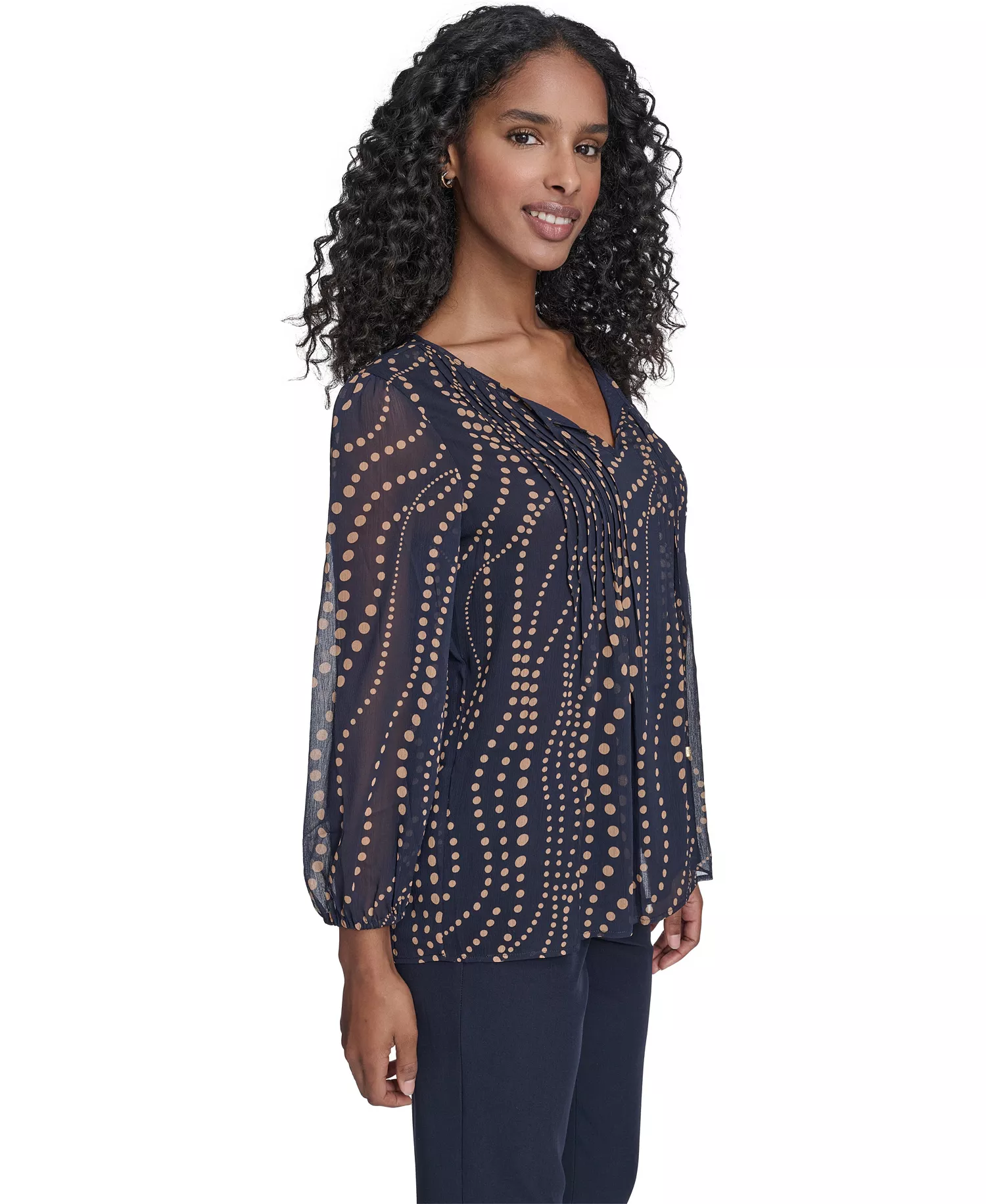 Women's Cascade Dot Pintuck Long Sleeve Blouse - Midnight/ Brown Sugar - L
