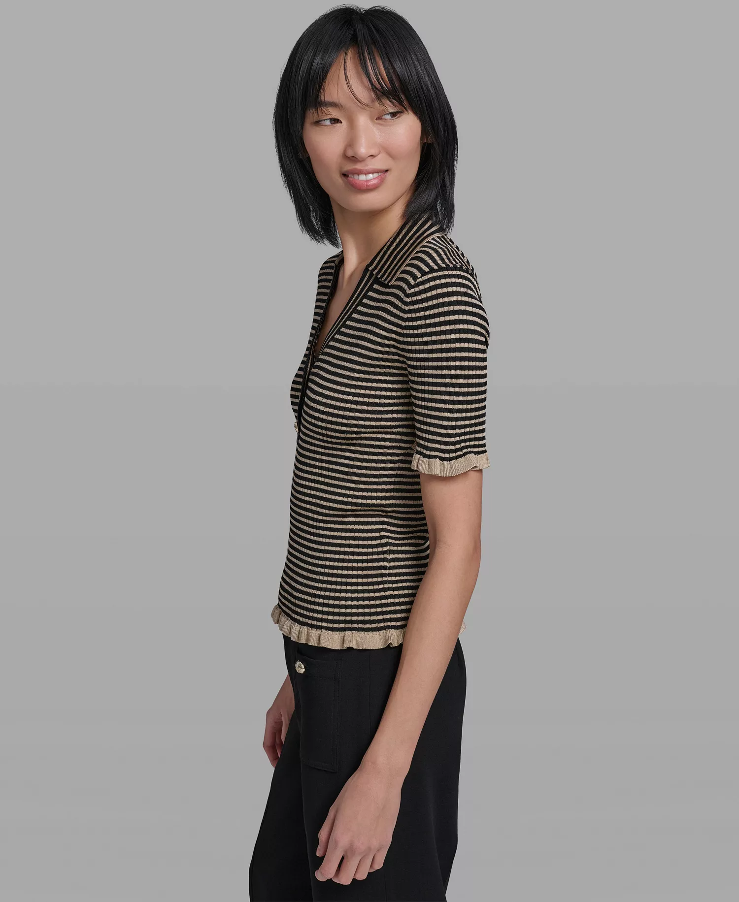 Women's Collared Short-Sleeves Sweater - French Beige/black - L