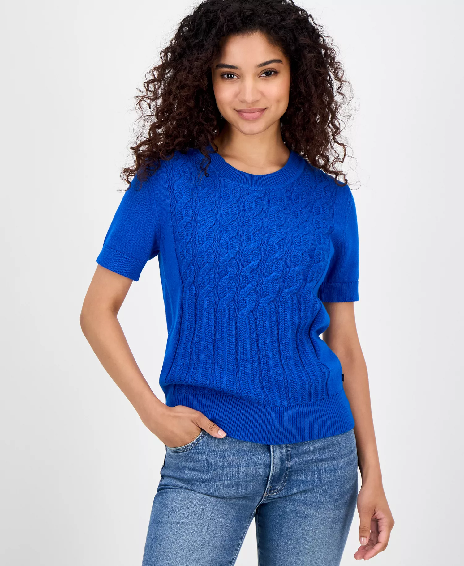Nautica Women's Cotton Cable-Knit Short-Sleeve Sweater - Cerulean - L