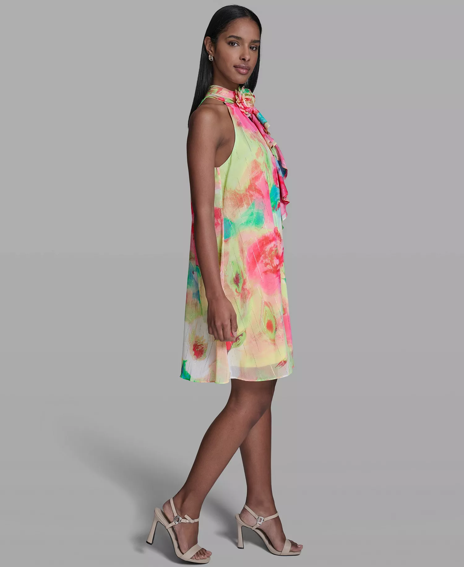 Women’s Printed Ruffle Neck Dress - Tea Green/Pink Sherbet Multi - 0