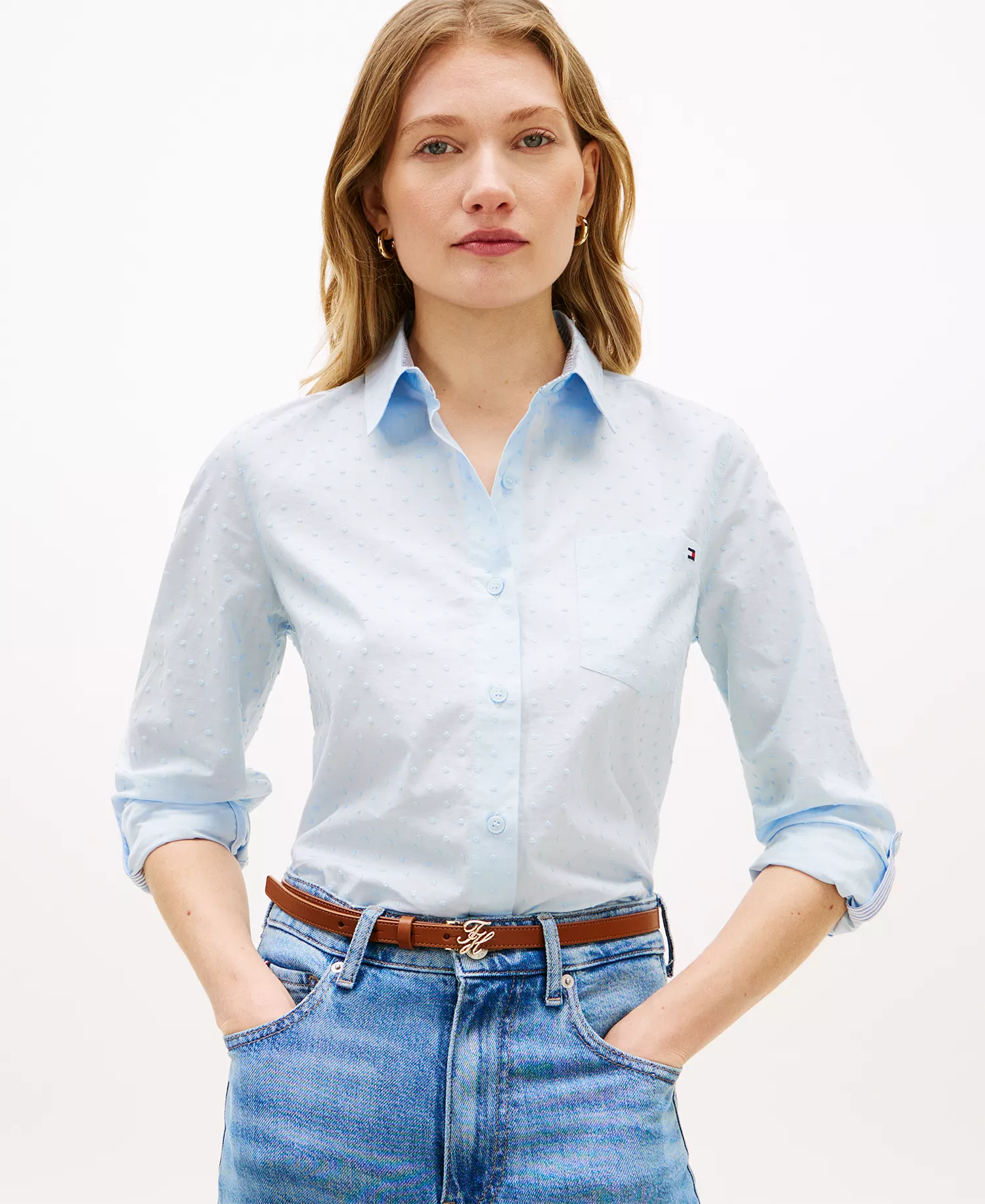Women's Clip Dot Roll-Tab Collared Shirt - Breezy Blue - L