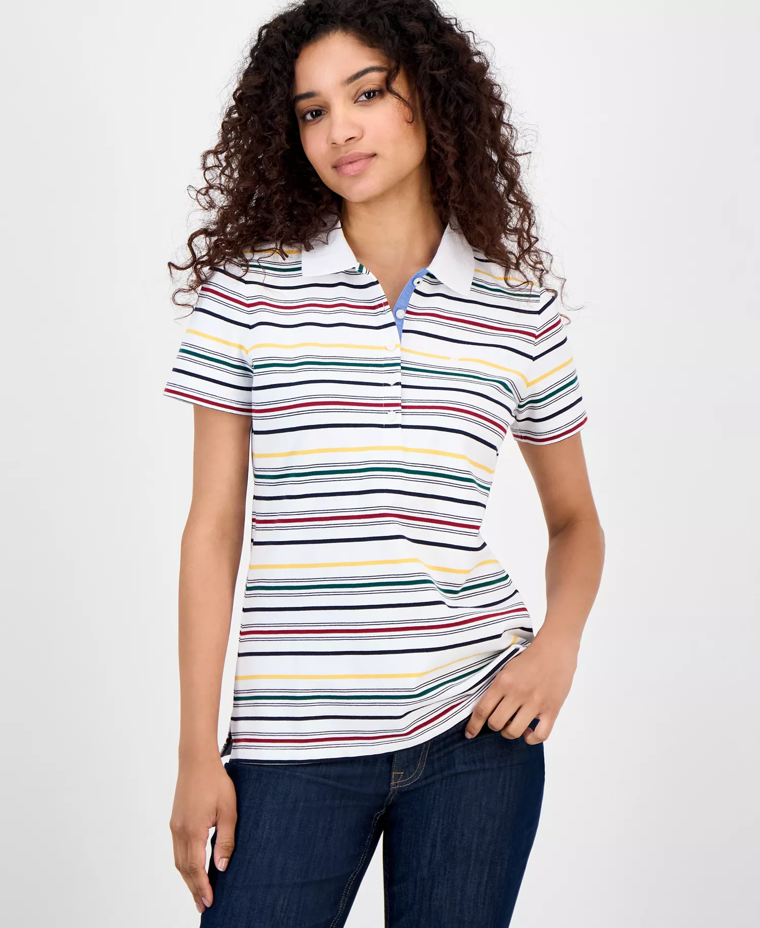 Nautica Women's Striped Short-Sleeve Polo Shirt - Bright White Multi - L
