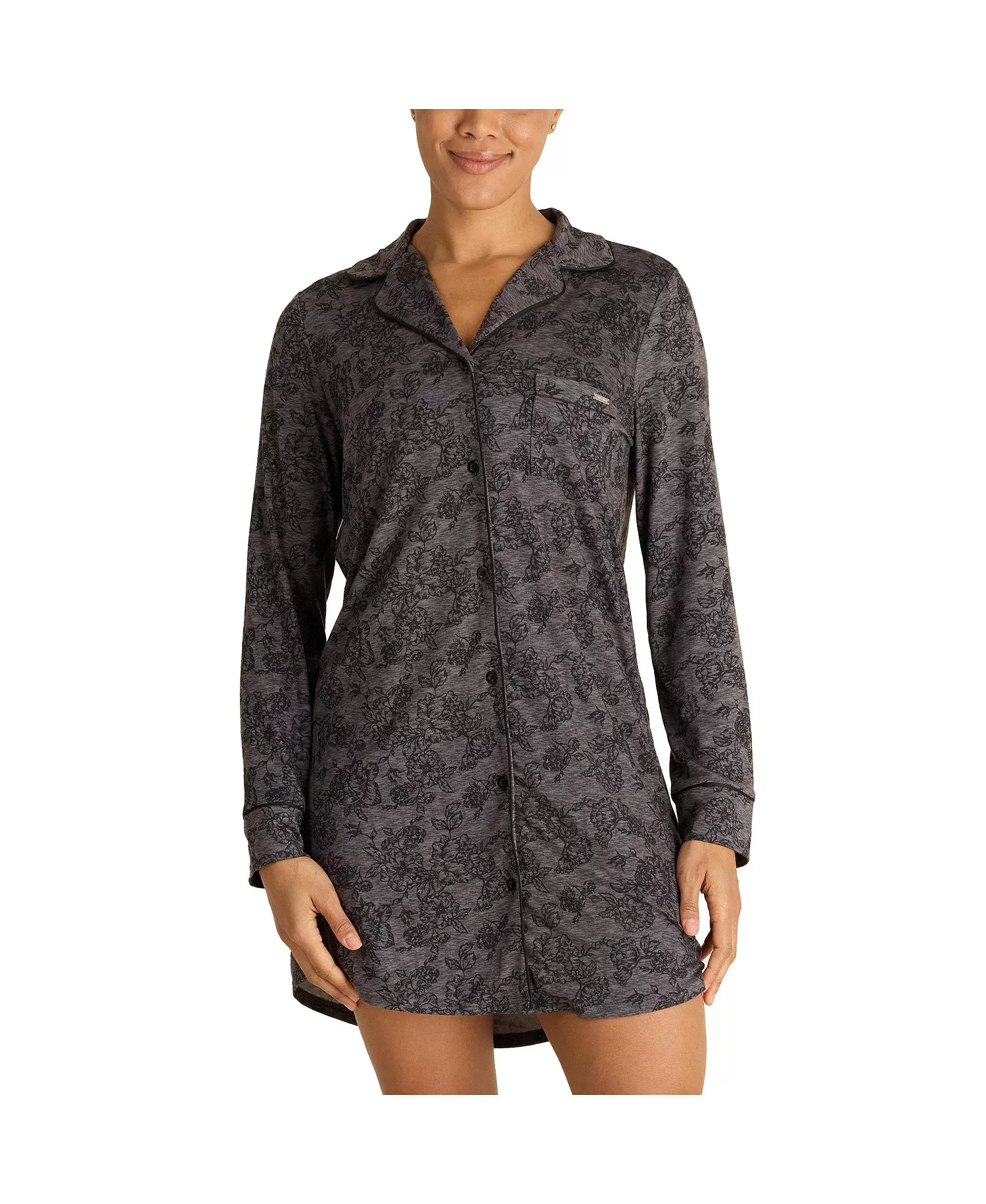 Women's Long Sleeve Button Up Notch Collar Nightshirt with Piping and Pocket - Charcoal etched bouquet - L