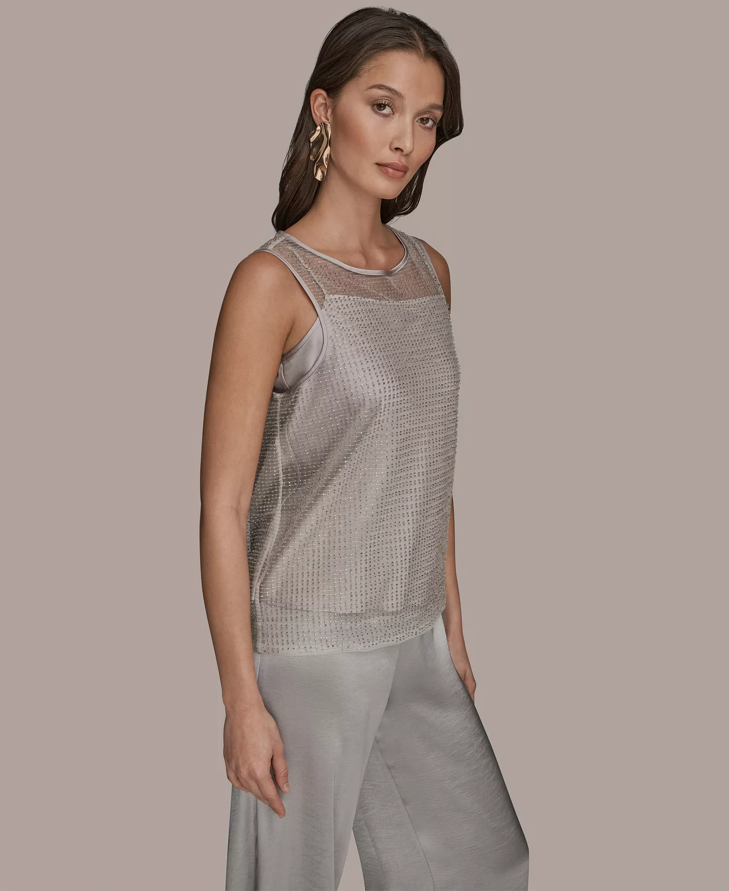 Women's Metallic Belted Sleeveless Vest, Beaded Top, and Wide-Leg Pants - Silver/white - L