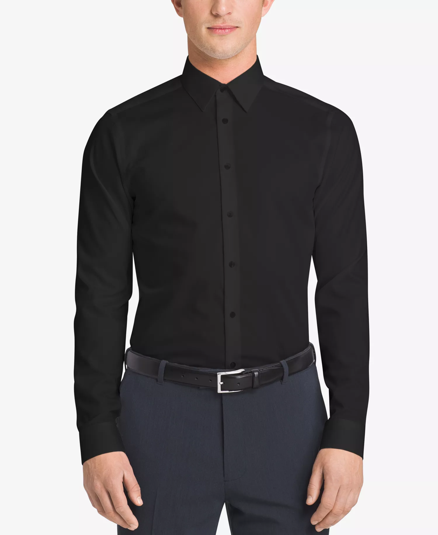 Men's Slim-Fit Non-Iron Herringbone Dress Shirt - Black - 14 32/33