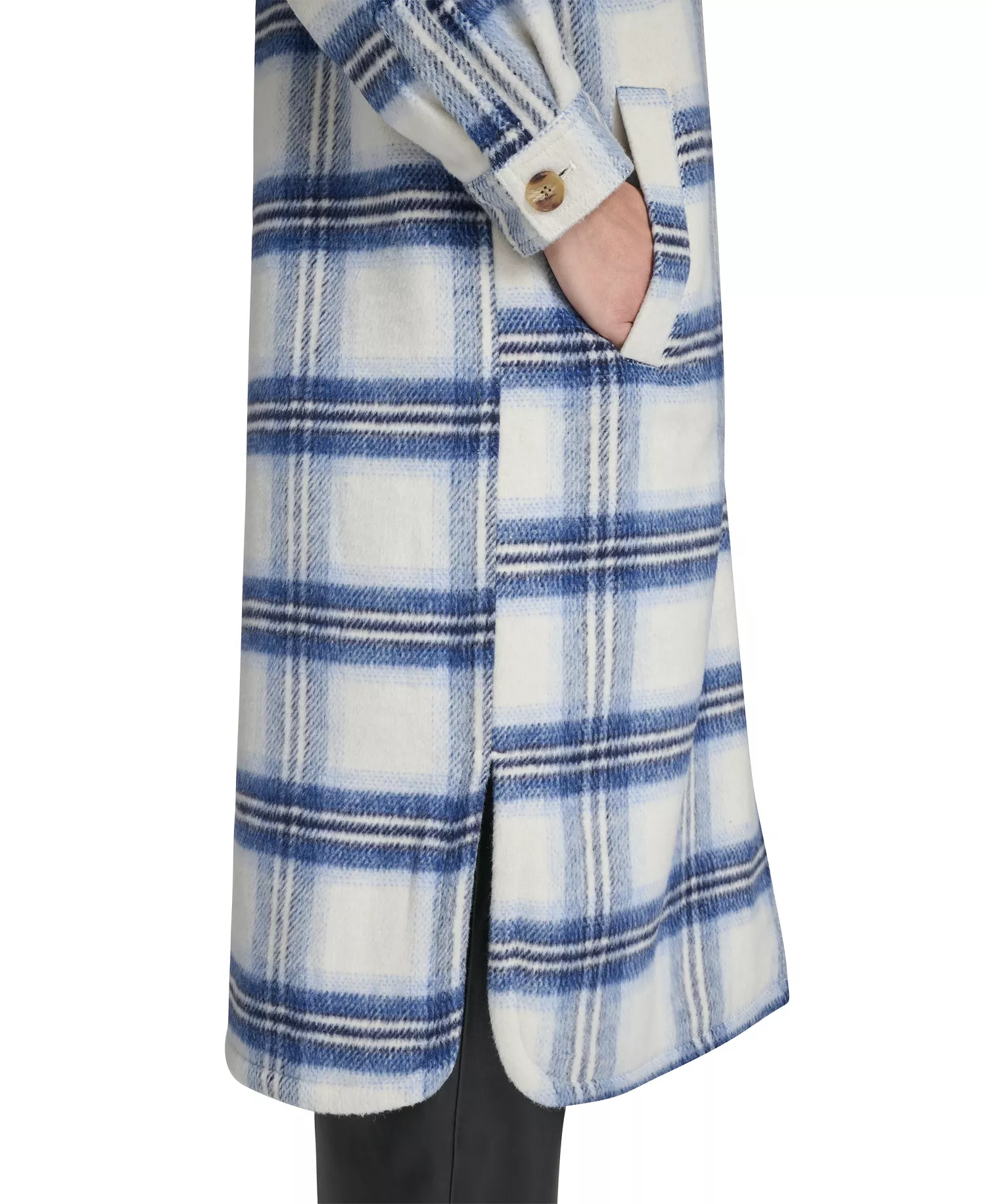 Women's Regular Long Wool Blend Plaid Coat - Blue/Cream - L