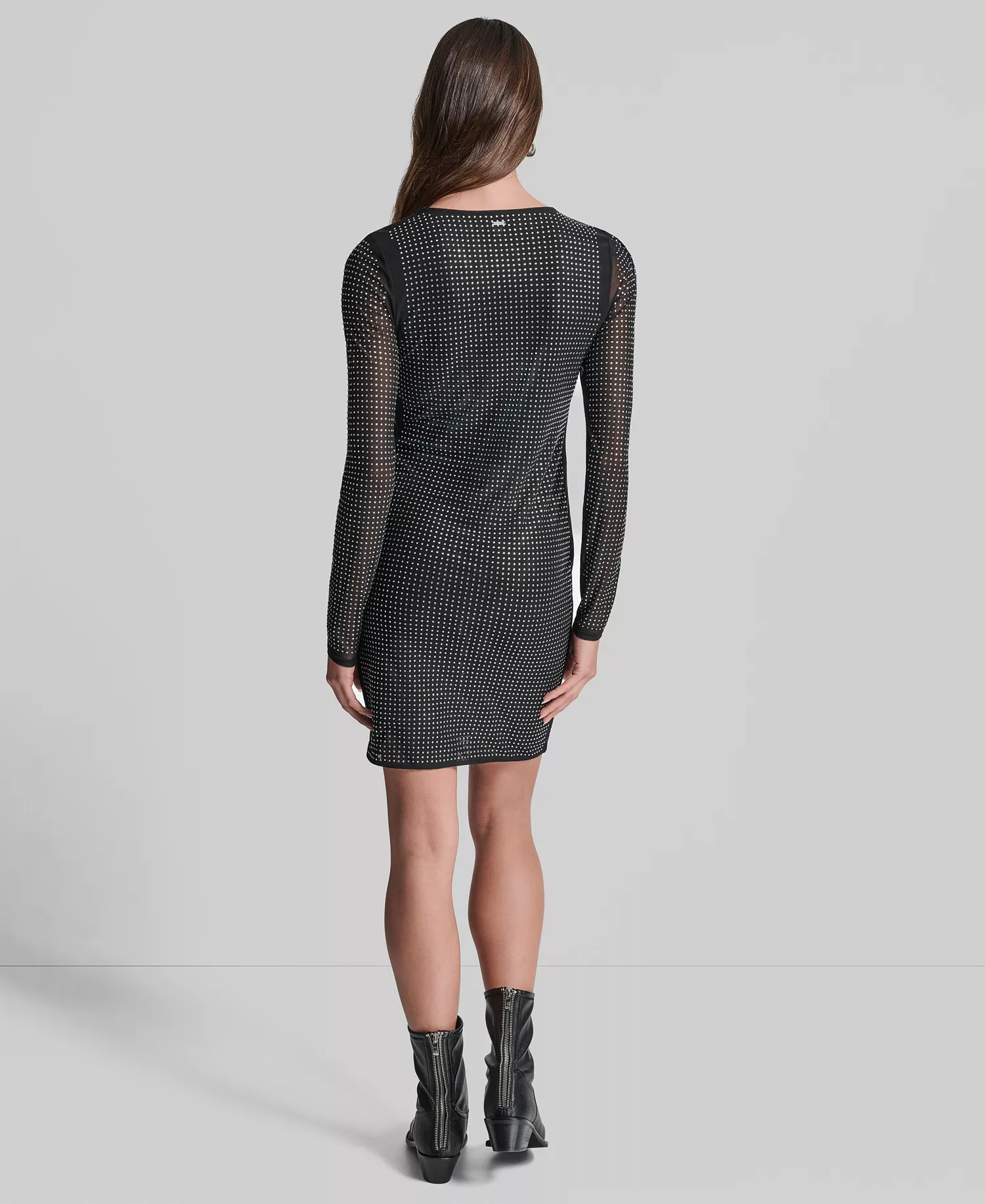 Women's Dome Studs Mesh Long Sleeve Dress - Black/Silver - L