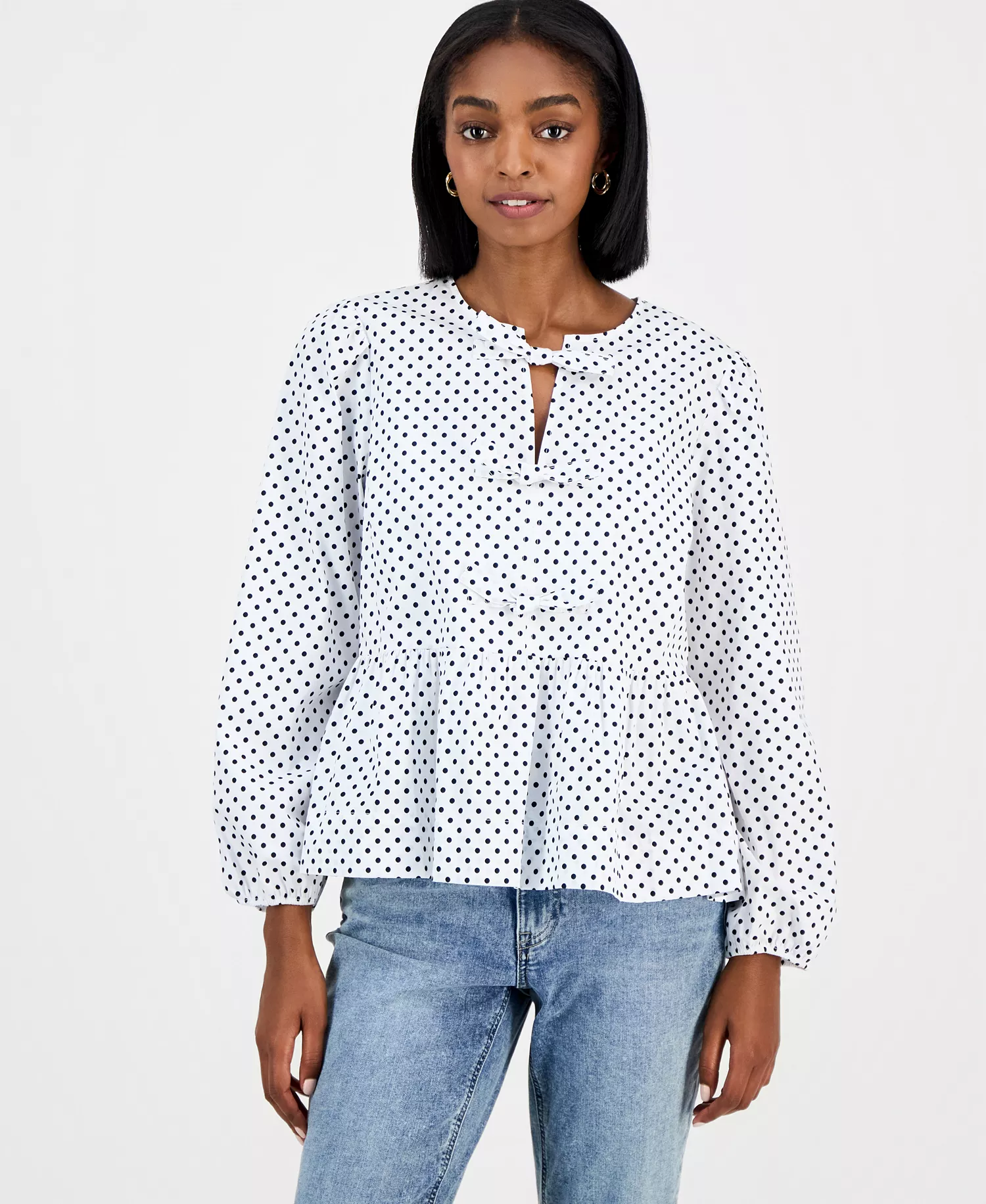 Nautica Women's Dot-Print Bow-Trim Cotton Peplum Blouse  - Bright White/ Night Sky - L