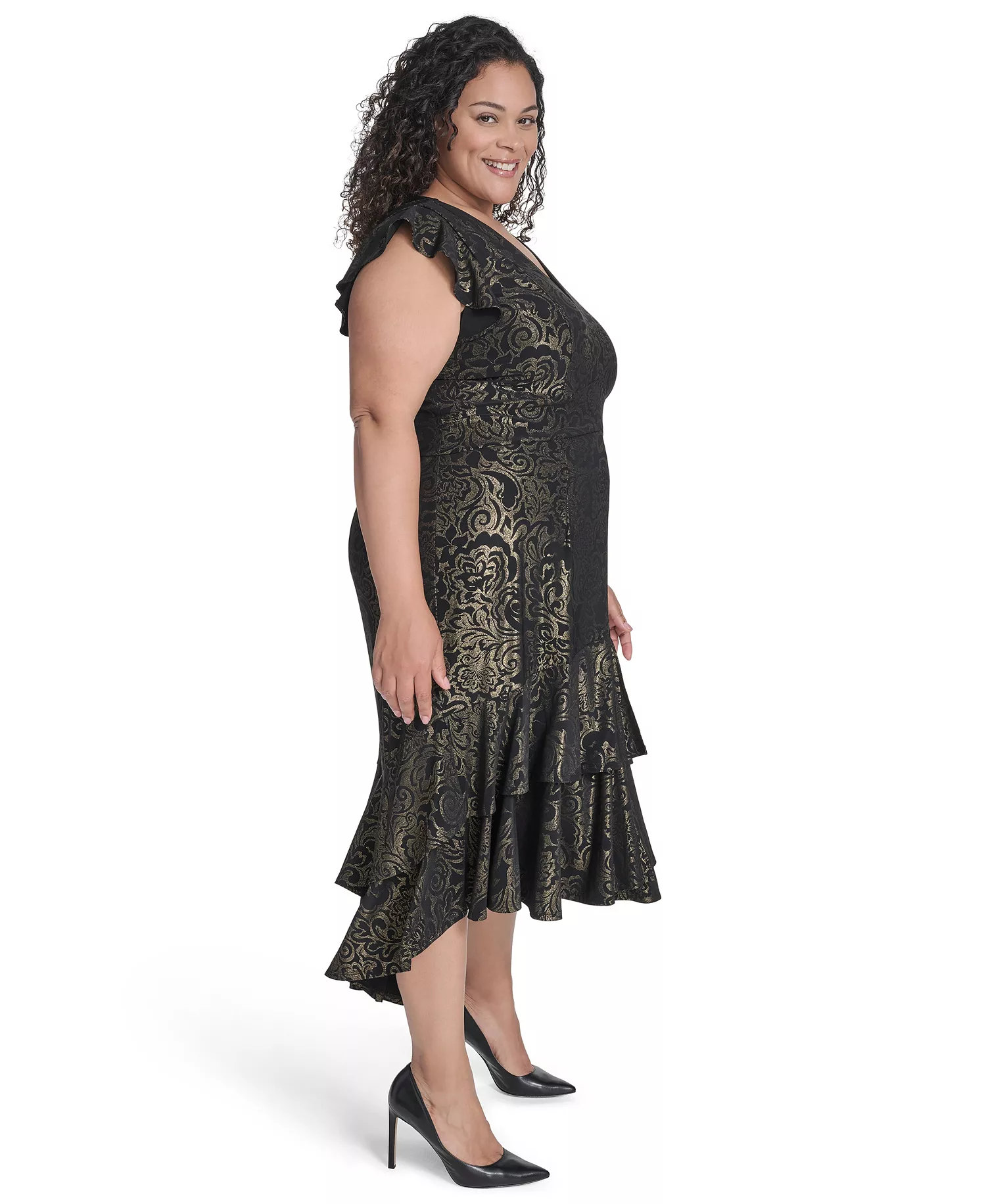 Plus Size Flutter Foil Midi Dress - Black/Gold - 14W