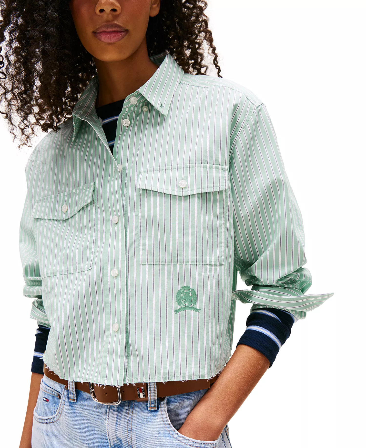 Women's Cotton Crop Button-Front Crest Shirt - Cloudy Jade - L