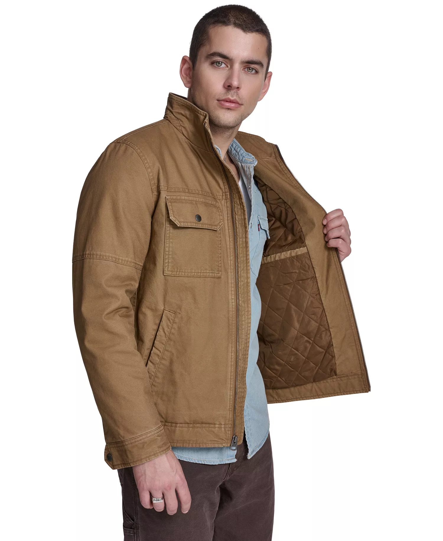Men's Cotton Two Pockets Jacket - Brown - 2XL