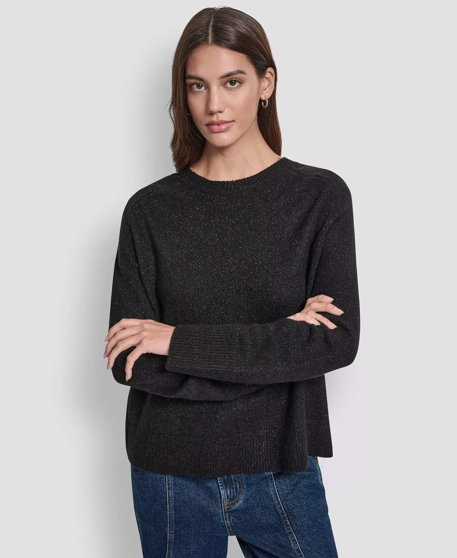 Women's Metallic Crewneck Long-Sleeve Sweater - Black - L