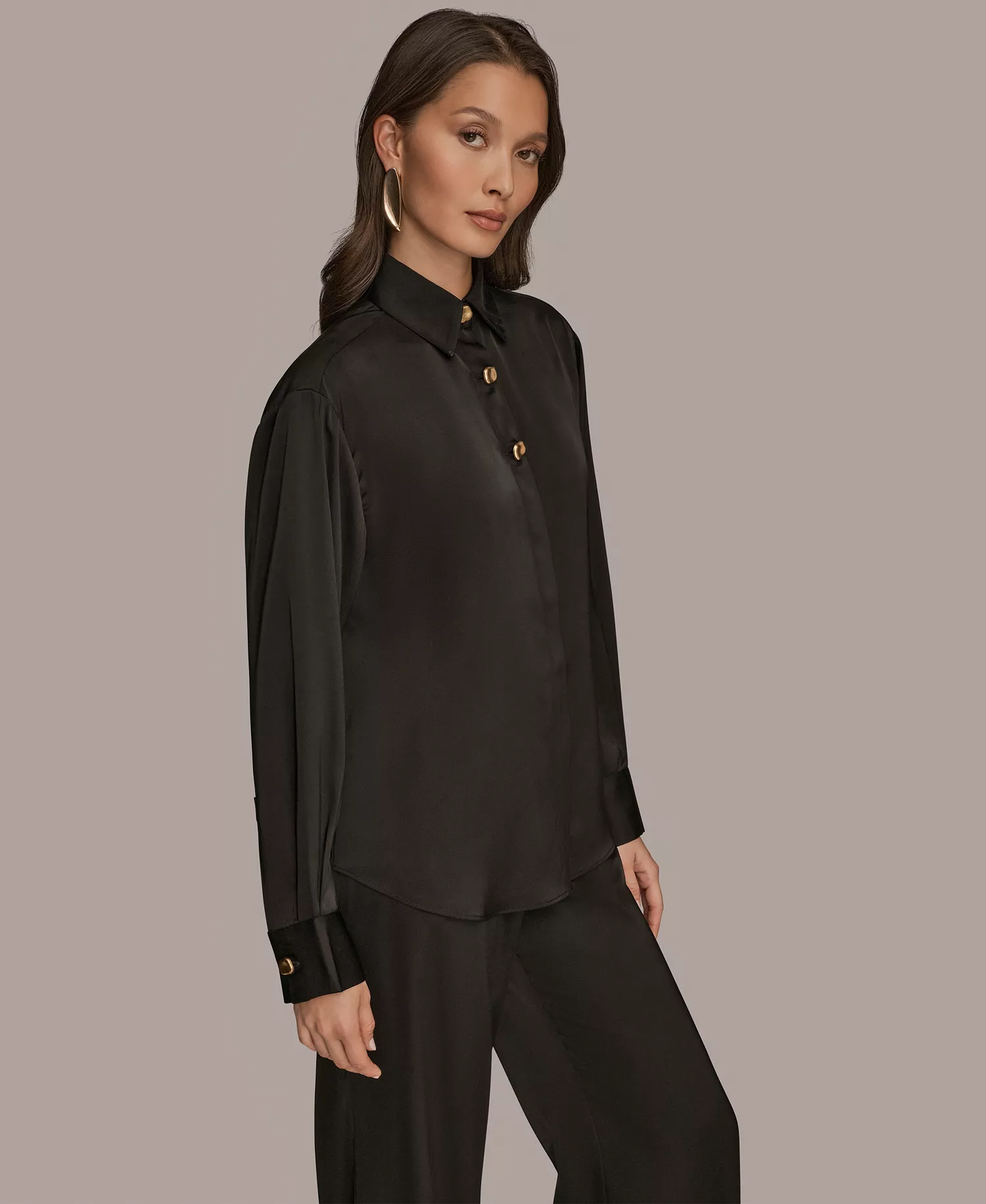 Women's Silk Collared Long Sleeve Button Down Top - Black - L