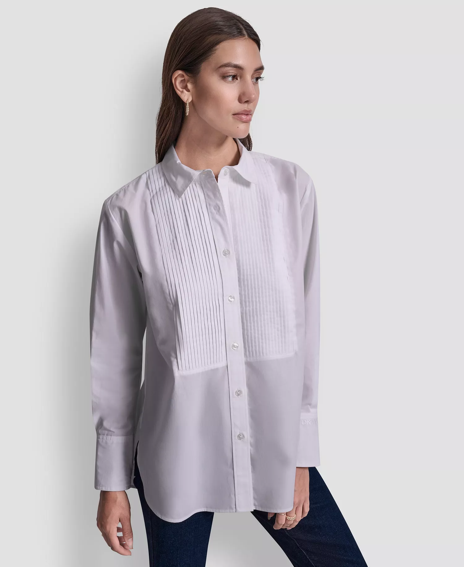 Women's Pleat Front Long Sleeve Shirt - White - L