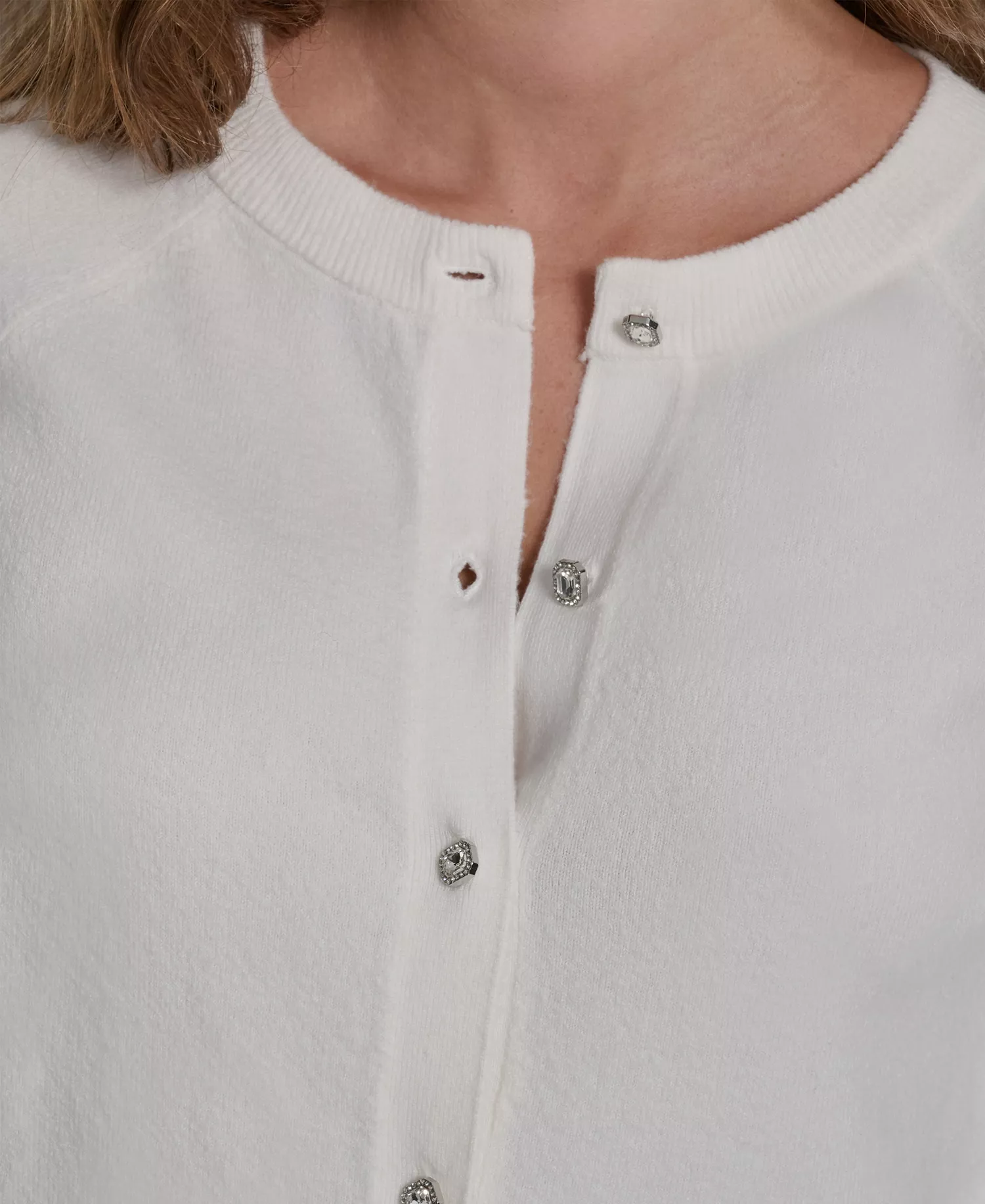 Women's Rhinestone Button-Front Crewneck Cardigan - Ivory - L