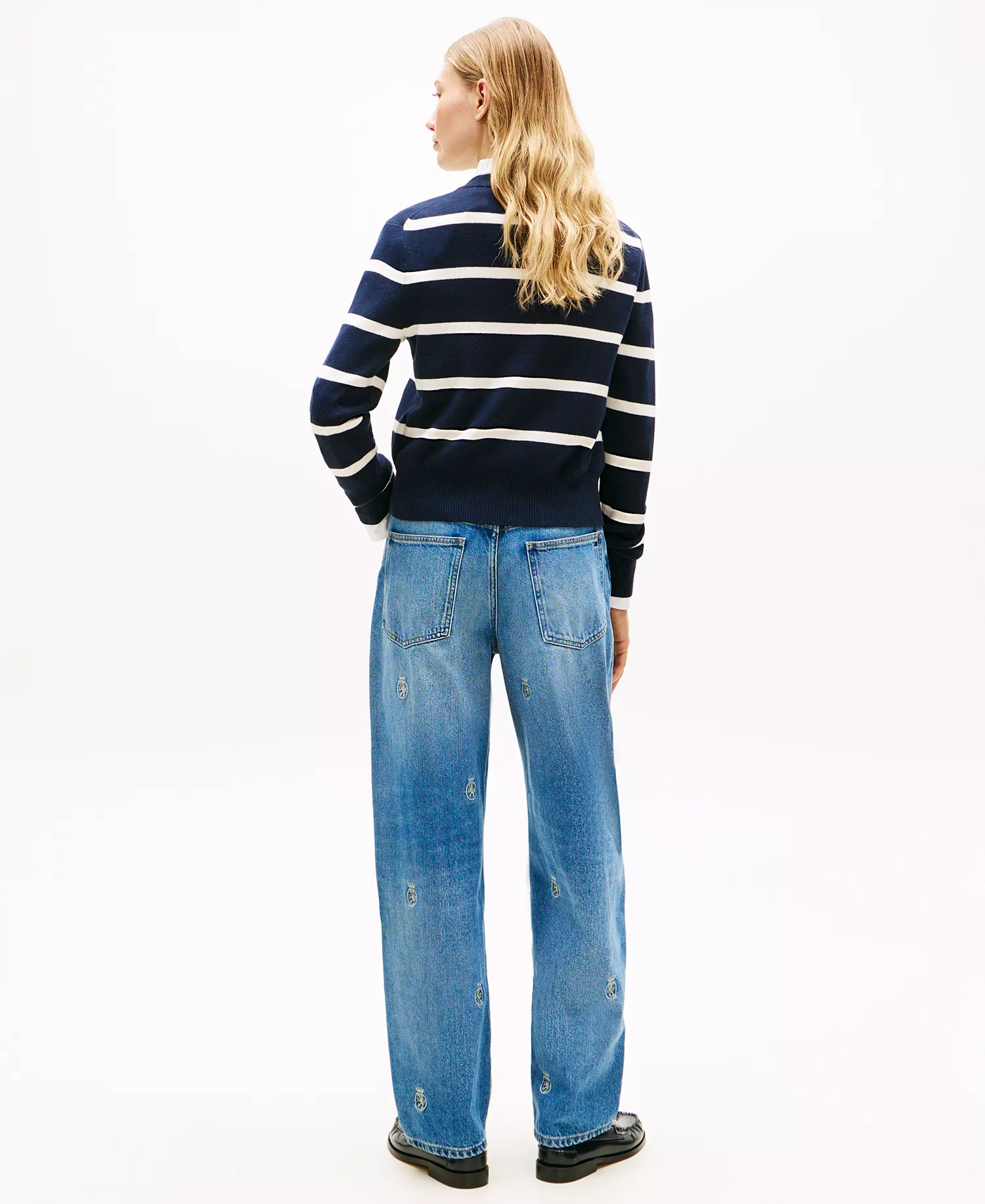 Women's Monogram Script Striped Cardigan - Big Stp Dark Night / Ivory Petal - L