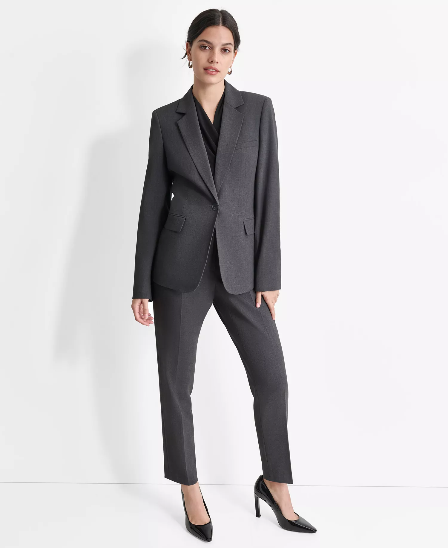 Women’s Notch-Lapel Button-Front Long-Sleeve Jacket  - Charcoal - 10