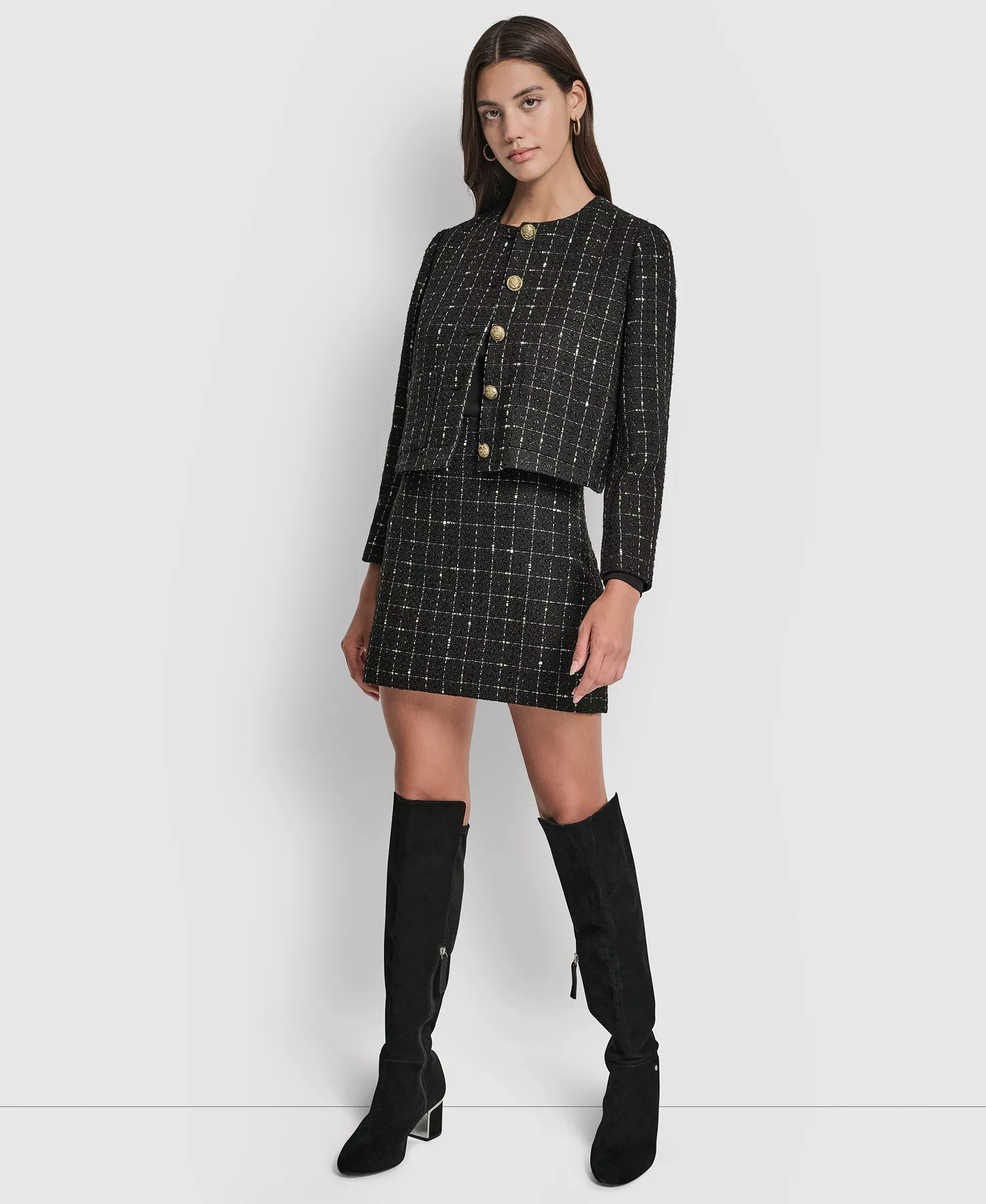 Women's Back Darts Mini Skirt - Black/Golld Windowpane Boucle - 0