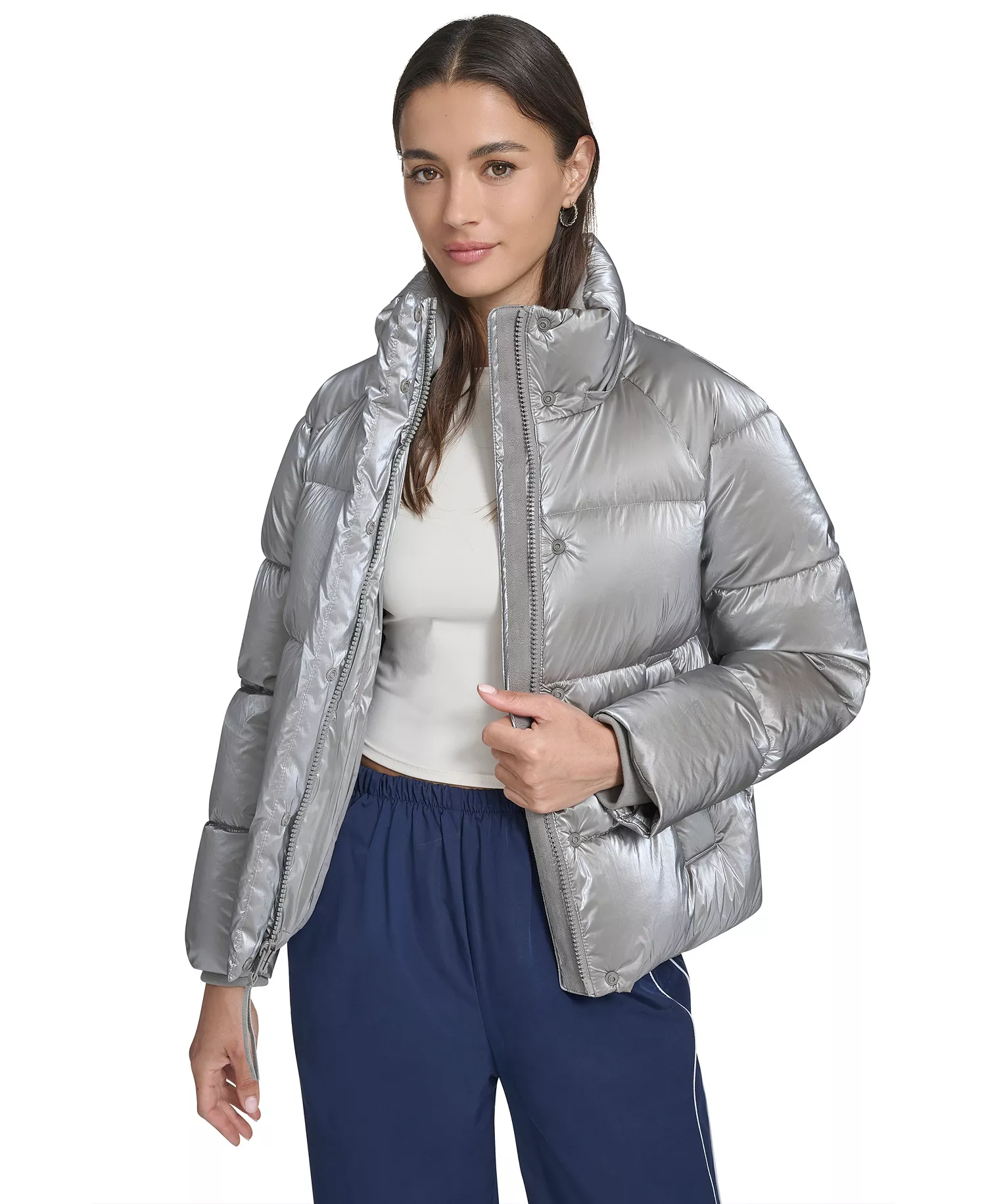 Women's Regular Quilted Hooded Puffer Jacket - Silver - L