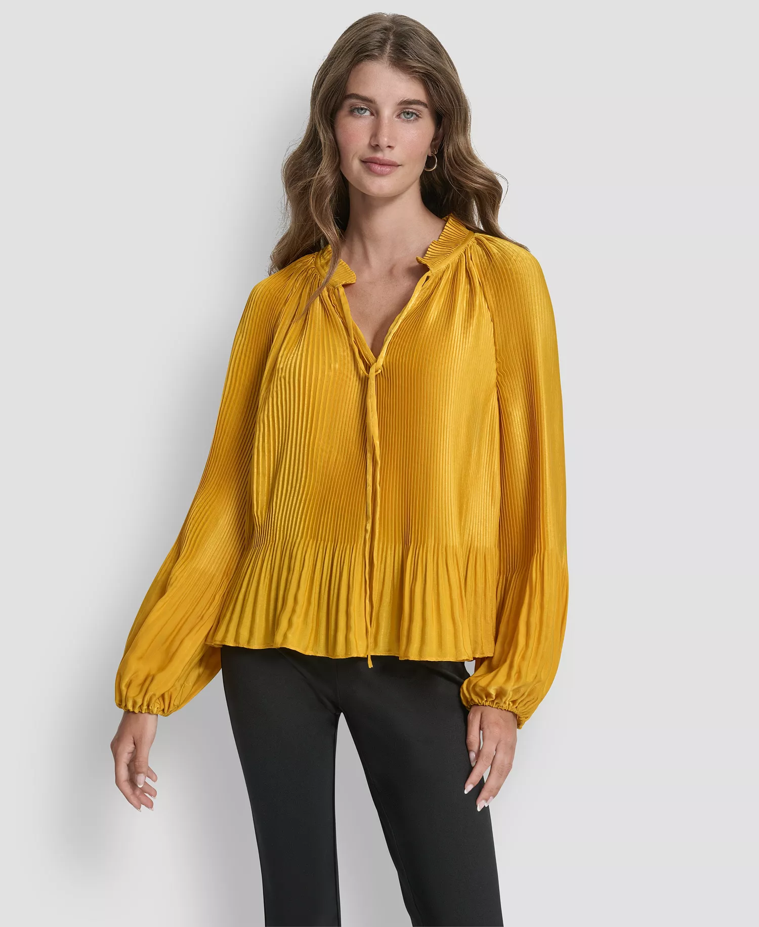 Women's Long Sleeve Pleat Top - Sunset Yellow - XL