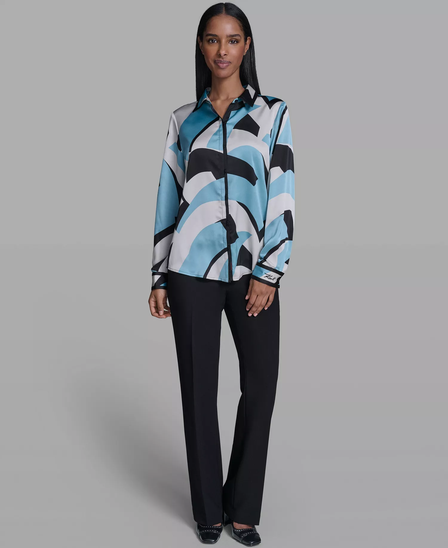 Women's Collared Button-Down Top - Bisque/Aqua Mist Multi - L