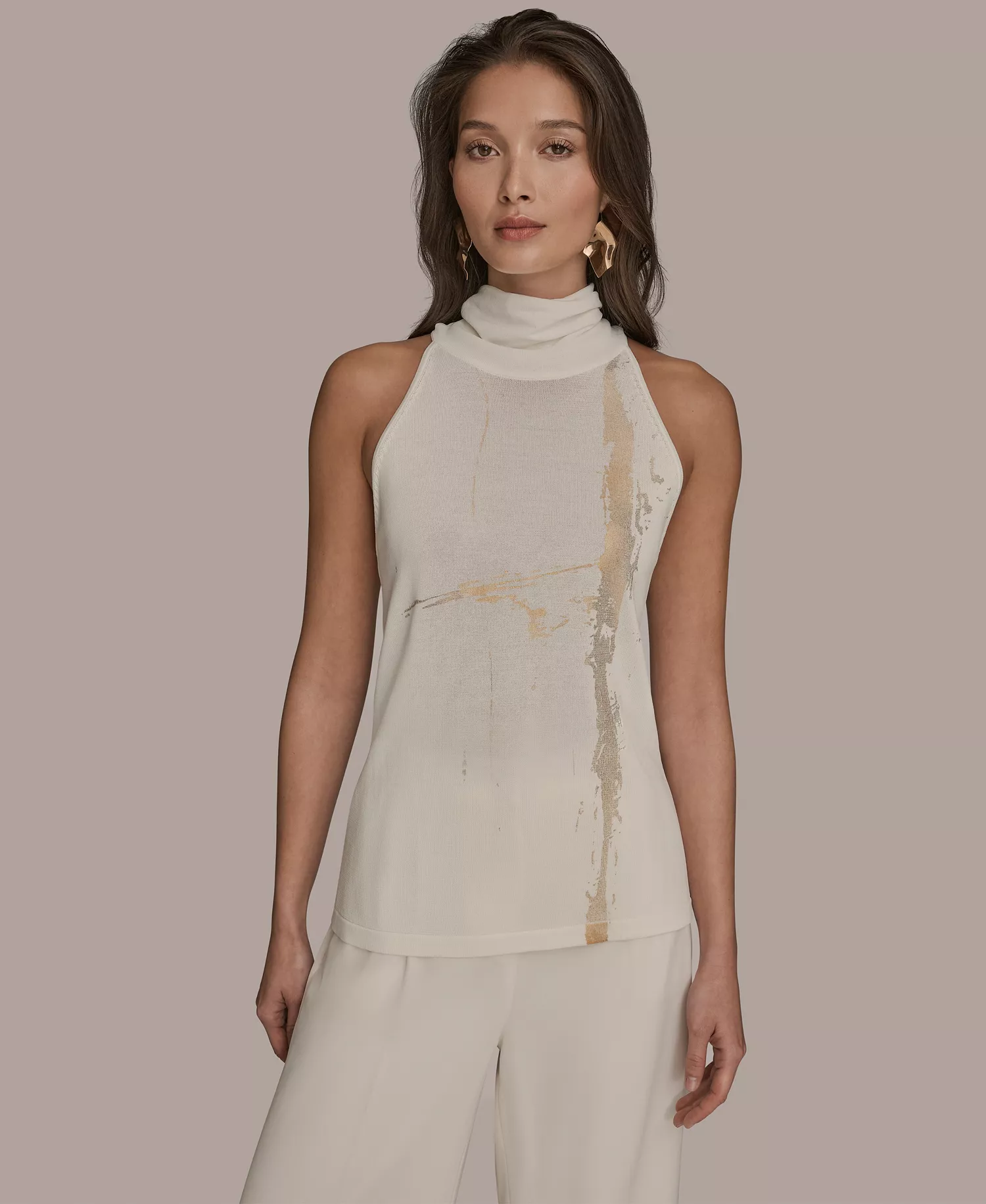 Women's Printed Turtle Neck Top - Cream - L