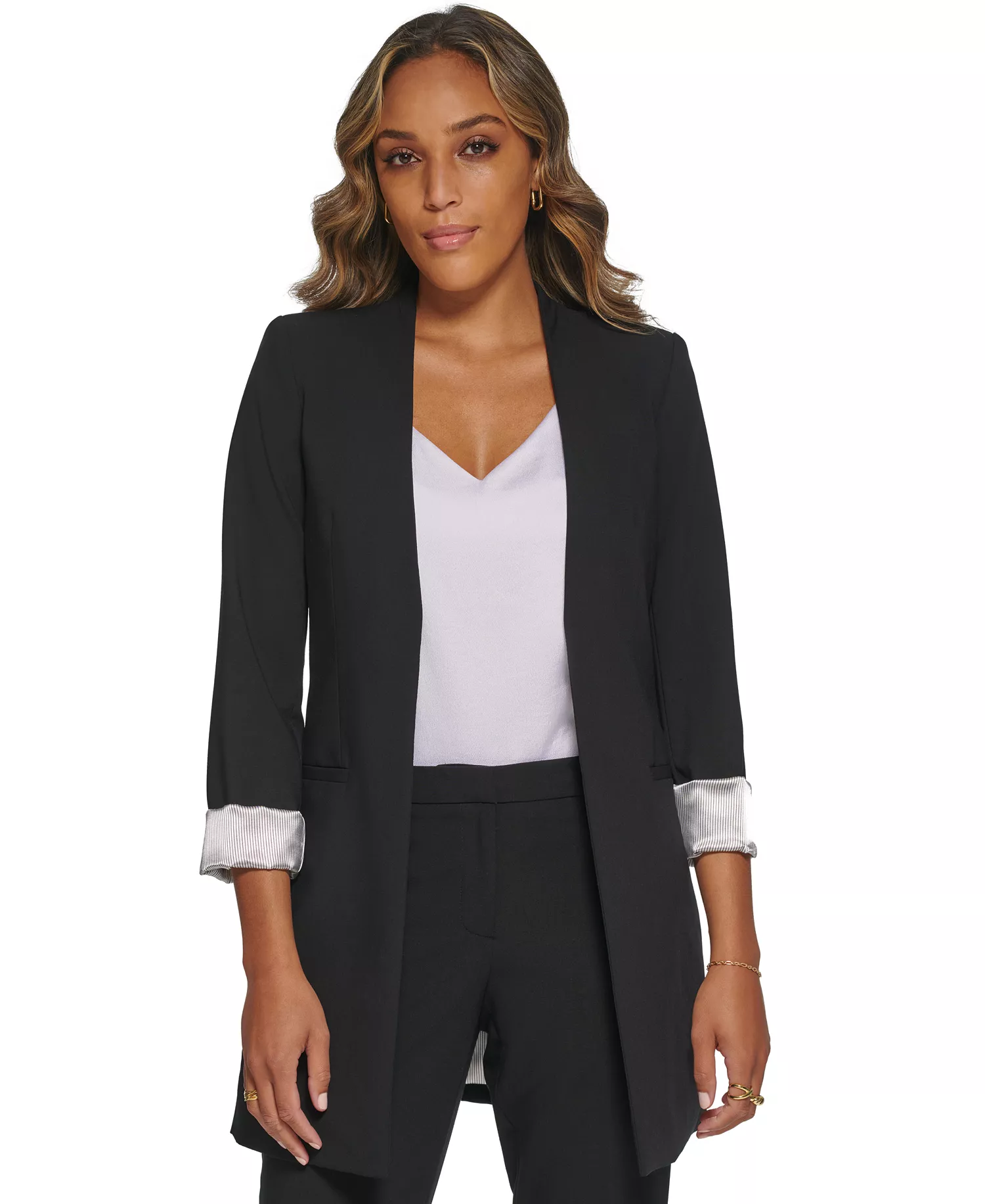 Petite Roll Sleeve Open Front Blazer - Black - 10P