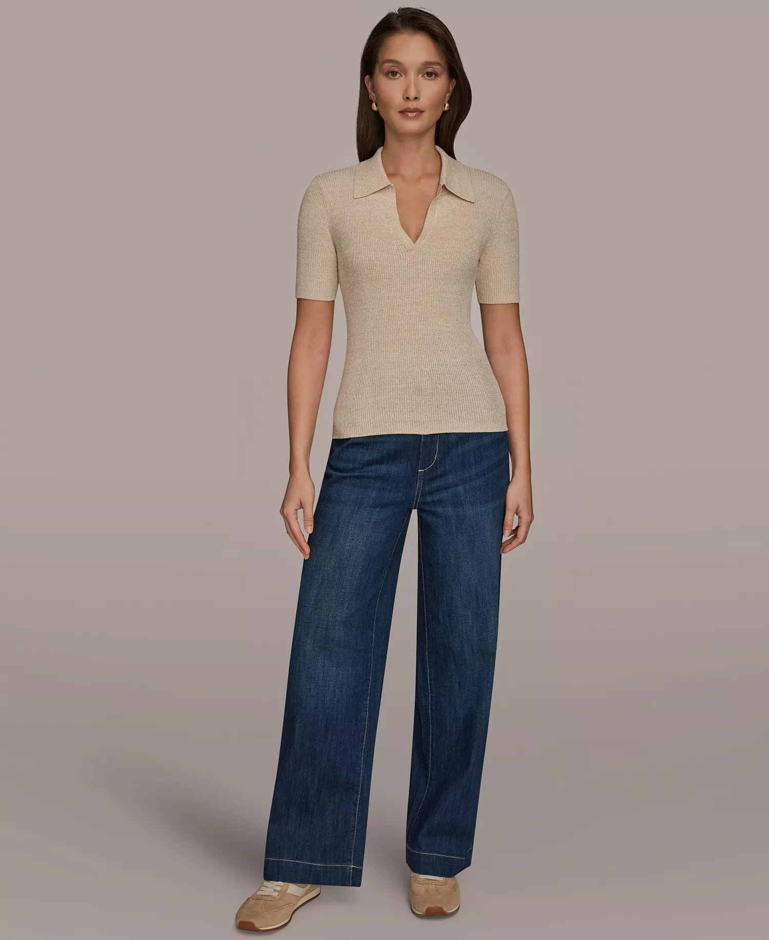 Women's Cotton Rib Elbow Sleeve Polo Sweater - Cream/gold - L