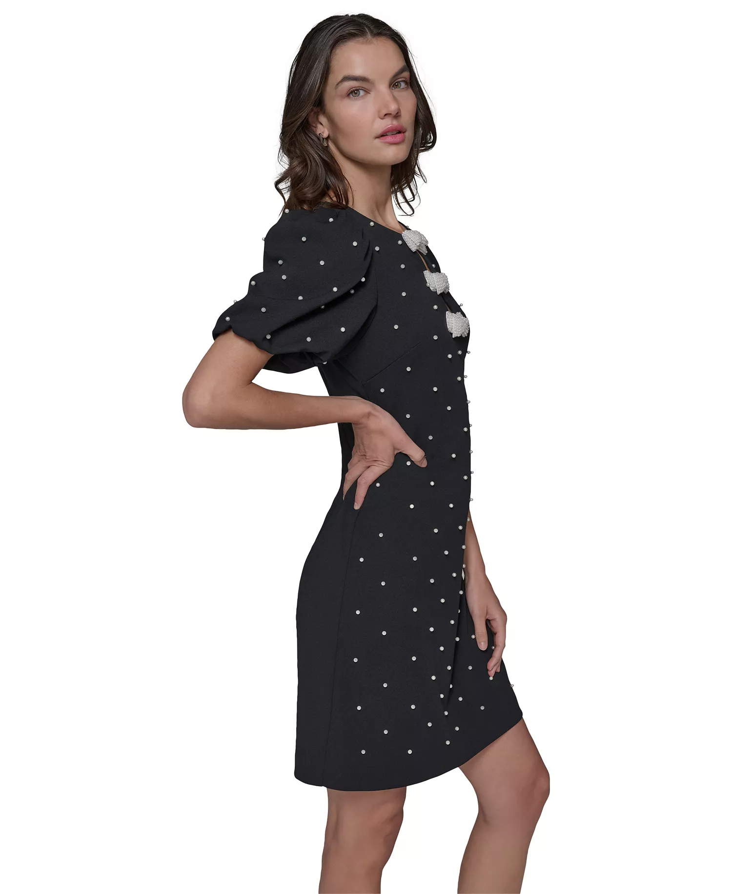 Women's Scuba Crepe Sheath with Neckline Pearl Bow Details Dress - Black - 10