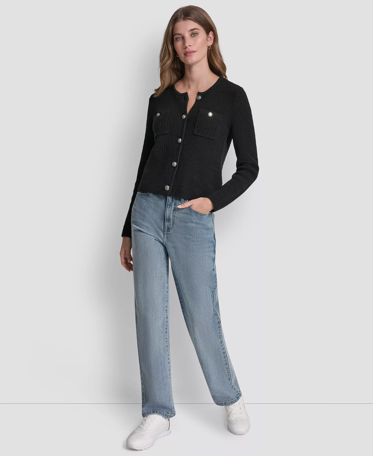 Petite Tuck Stitch Long-Sleeve Cardigan - Black - PL