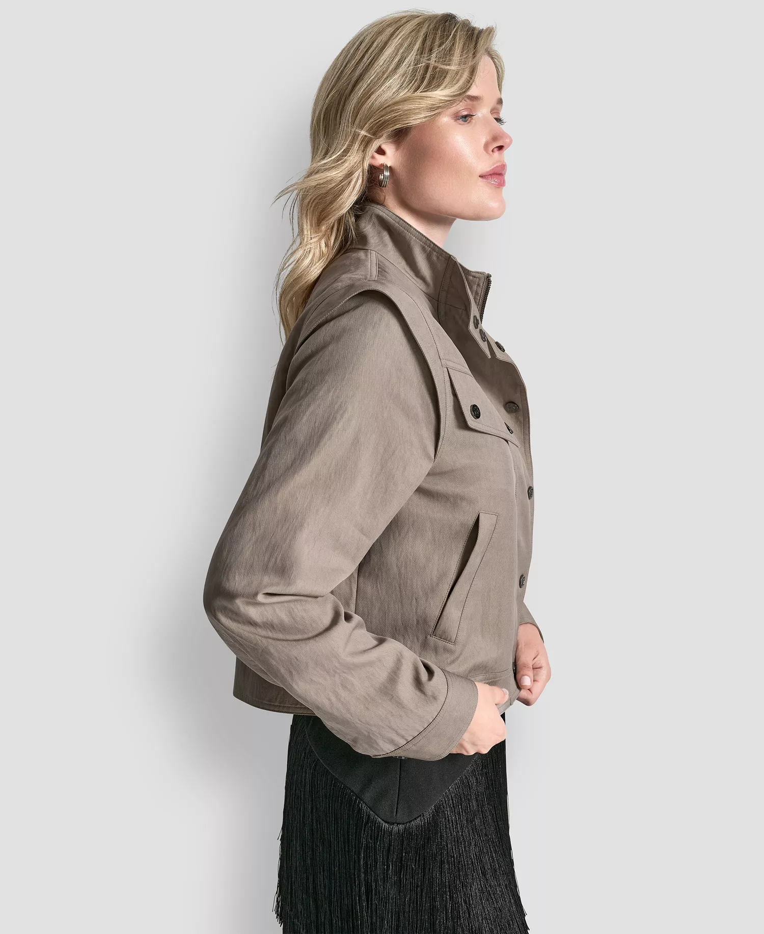 Women's Collared Cropped Moto Trench Coat - Tan - M/L