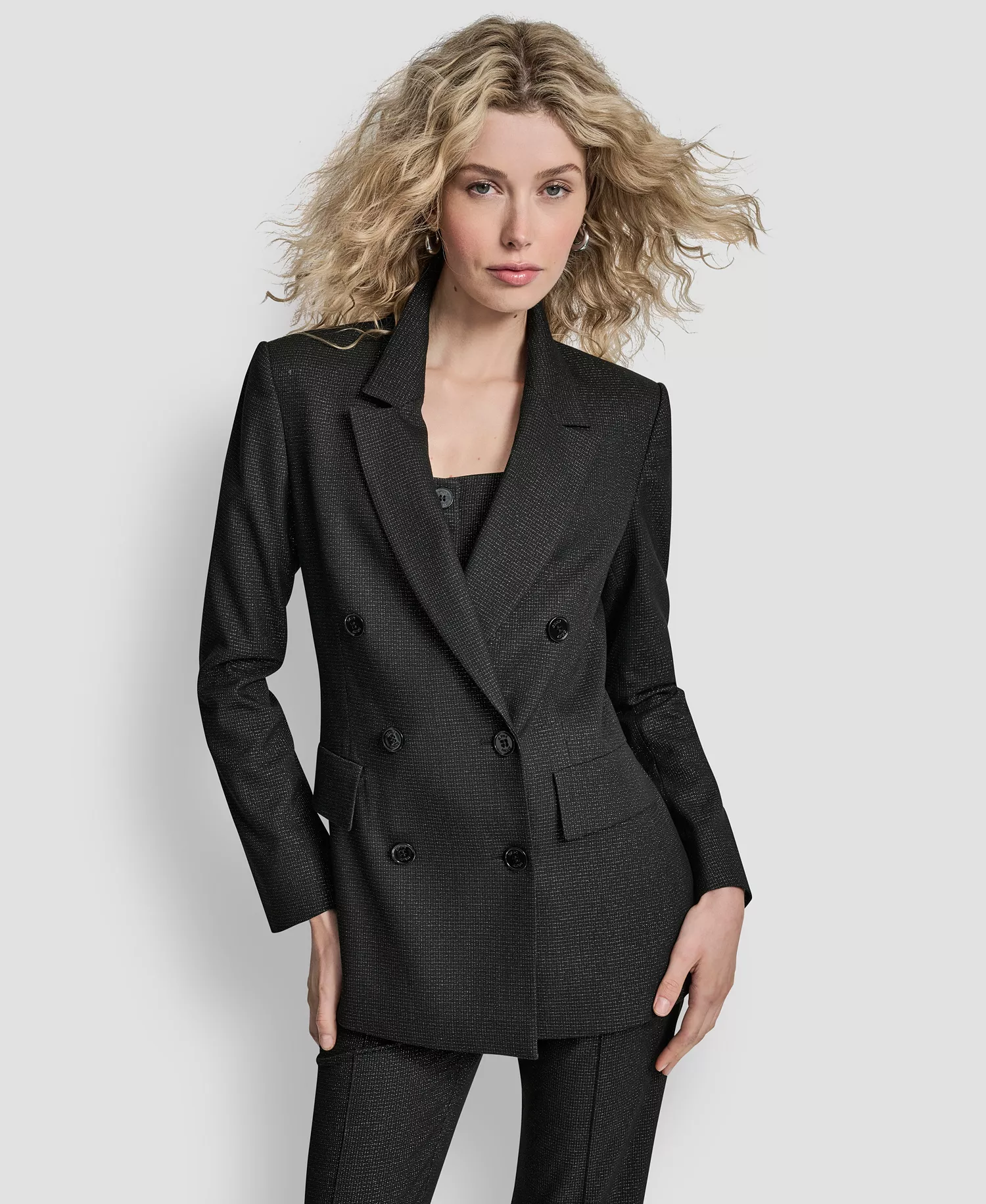 Women's Button-Front Double Breasted Blazer - Black/silver - 10