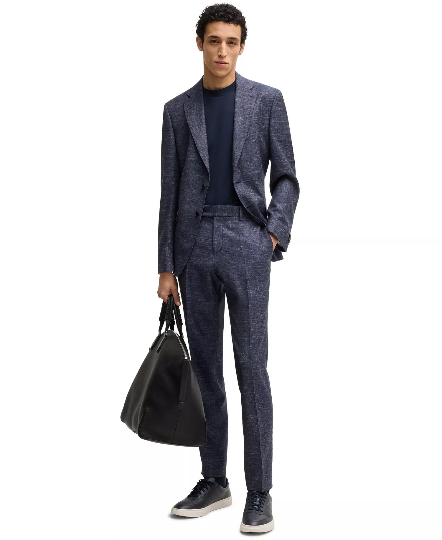 Men's Patterned Wool Blend Slim-Fit Trousers - Dark Blue - 42R