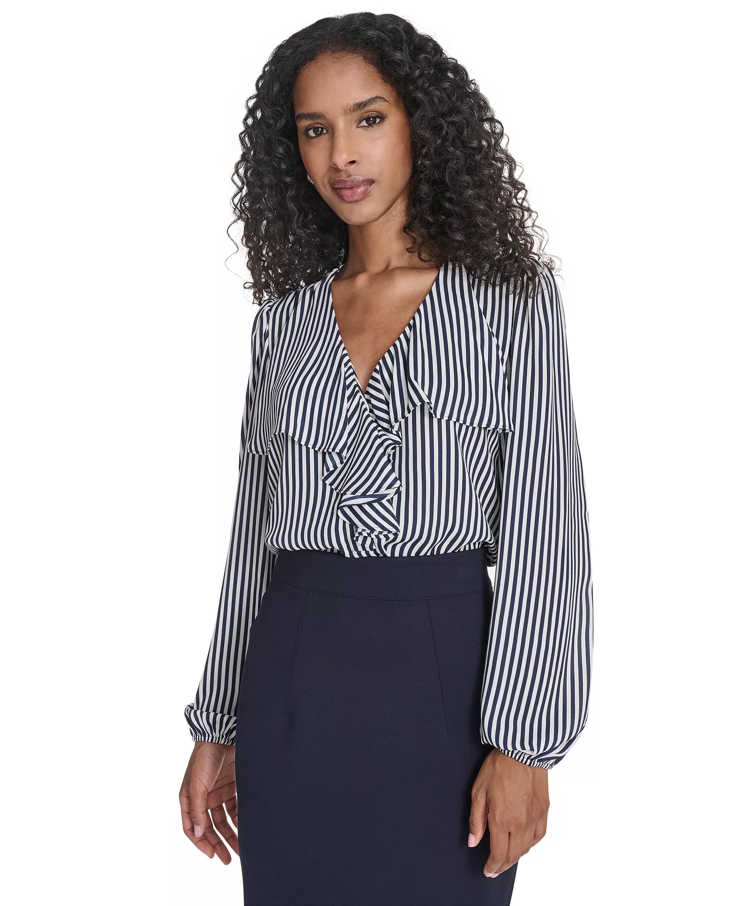 Women's Striped V-Neck Ruffle Top - Ivory/ Midnight - XS