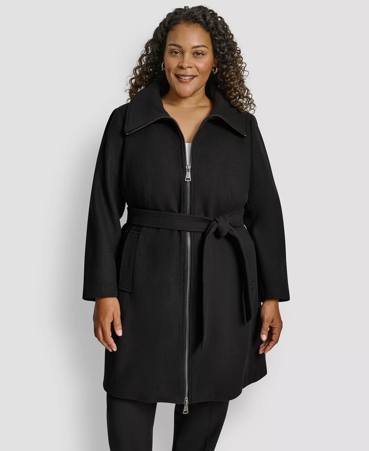 Plus Size Belted Zip-Up Wool Coat - Black - 0X