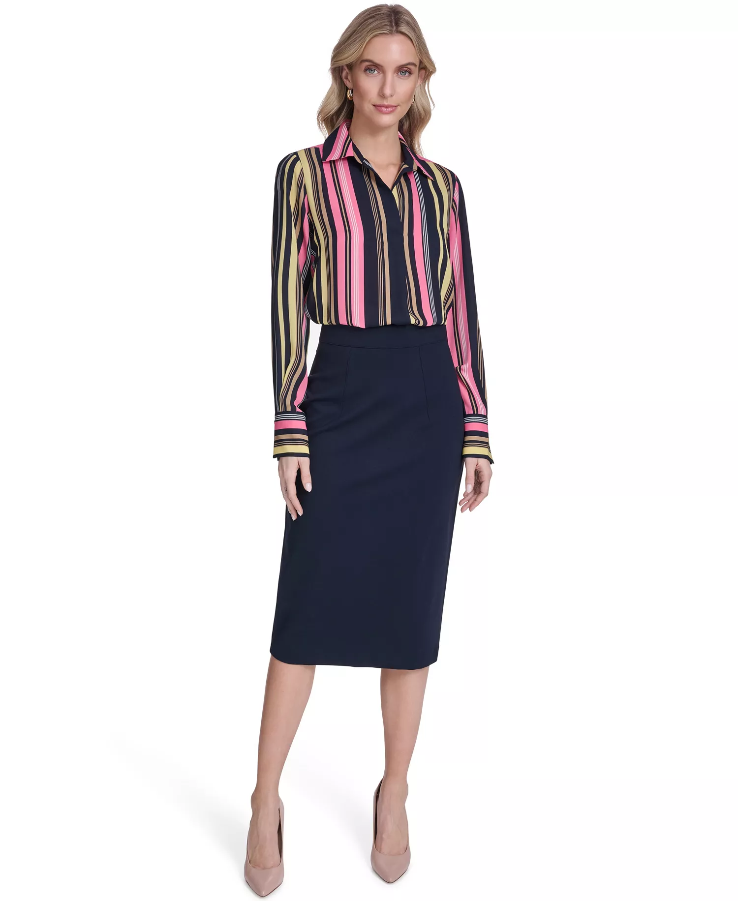 Women's Stripe Long-Sleeve Popover Top - Midnight/Pink Tulip - L