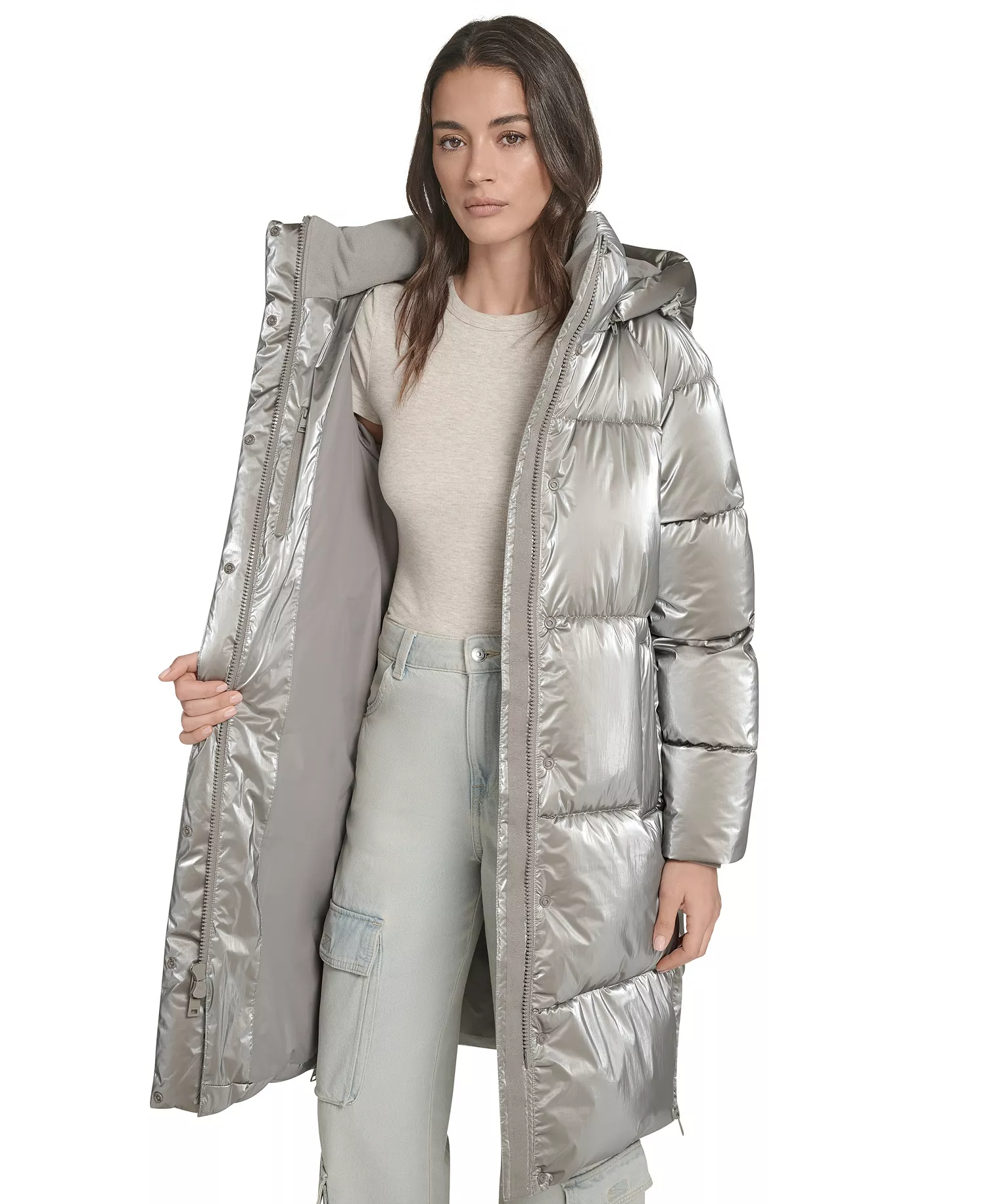 Women's Regular Long Puffer Jacket - Silver - L