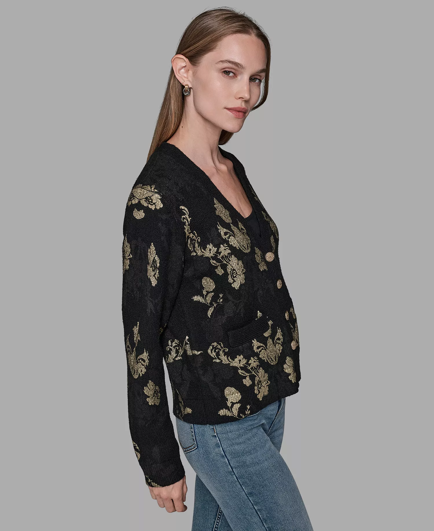 Women's Foil Floral Print Sweater - Black - XS