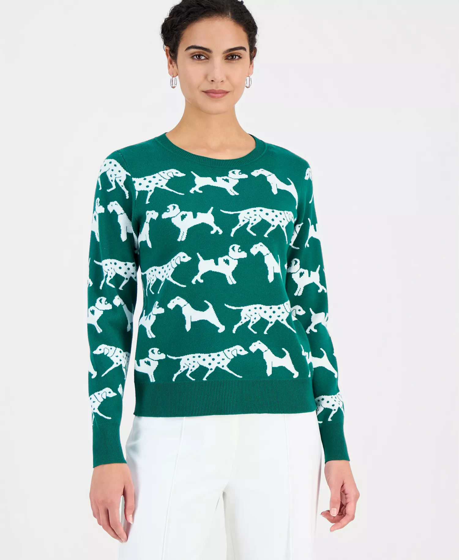 Women's Dog Jacquard Crewneck Sweater - Green Leaf - L