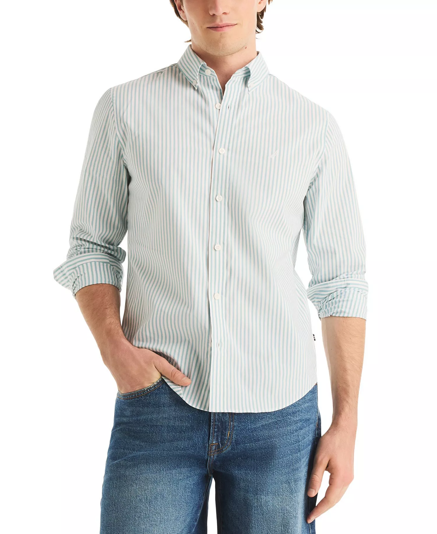 Men's Long-Sleeve Stripe Collared Shirt - Aqua Blue - L
