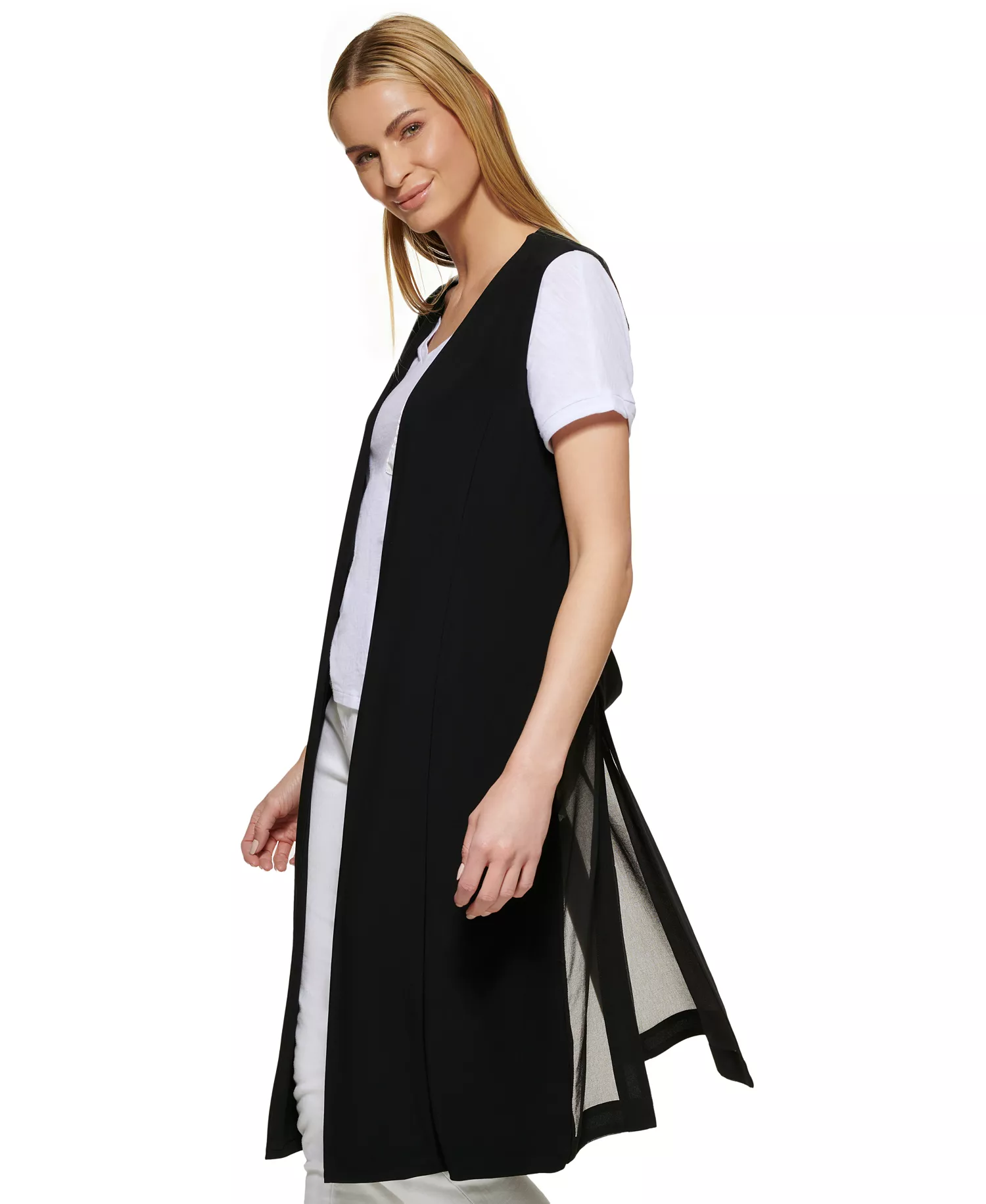 Chiffon Back Long Vest  - Black - XL