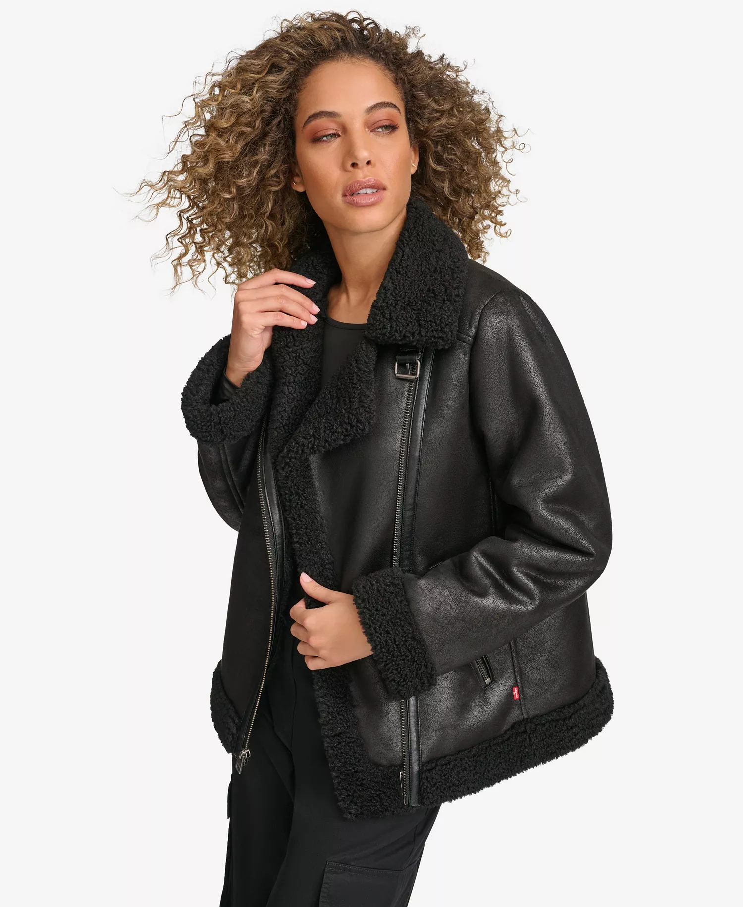 Women's Faux Shearling Asymmetrical Moto Jacket - Black - L