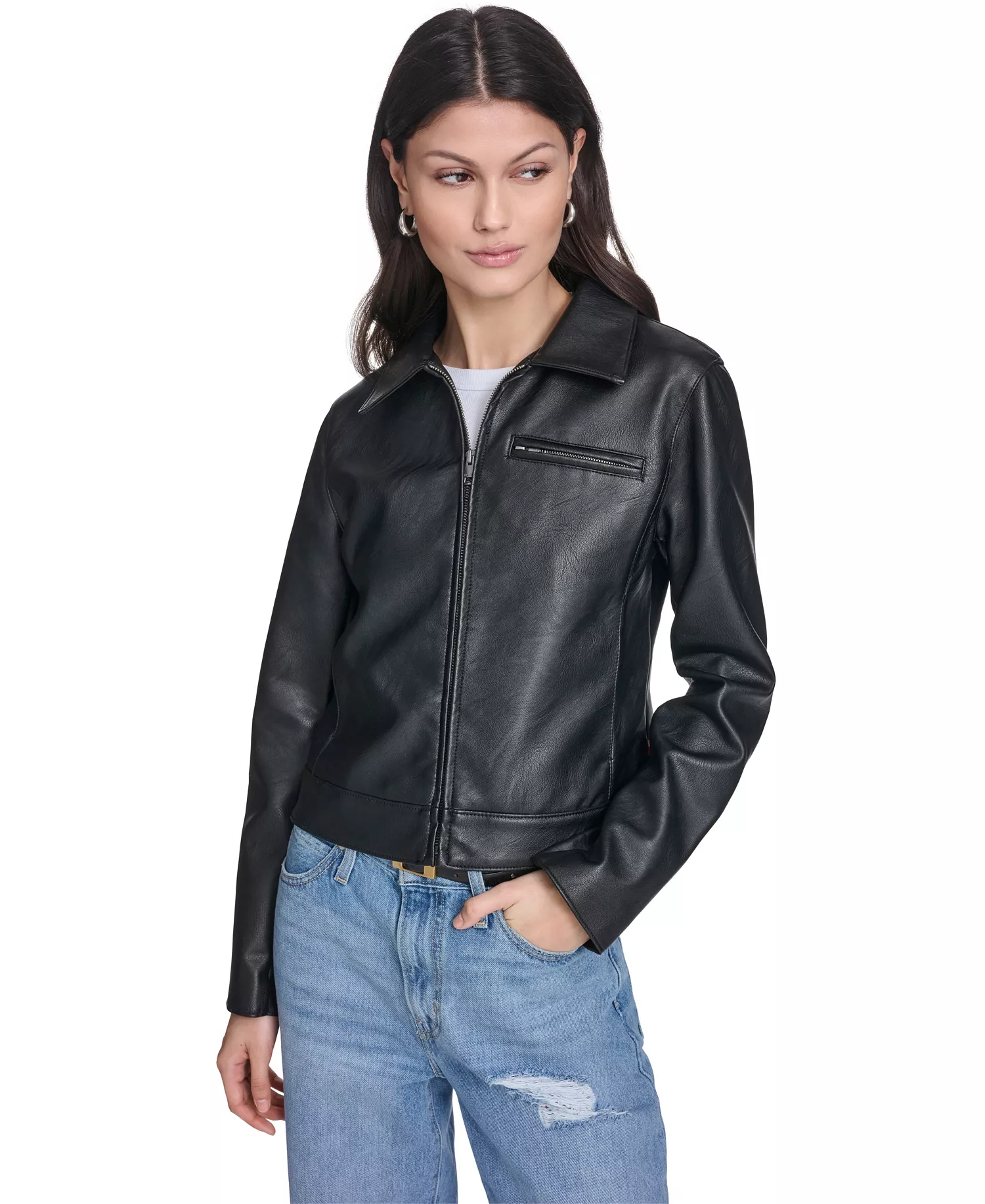 Women's Laydown Collar Zip-Front Jacket - Black - L