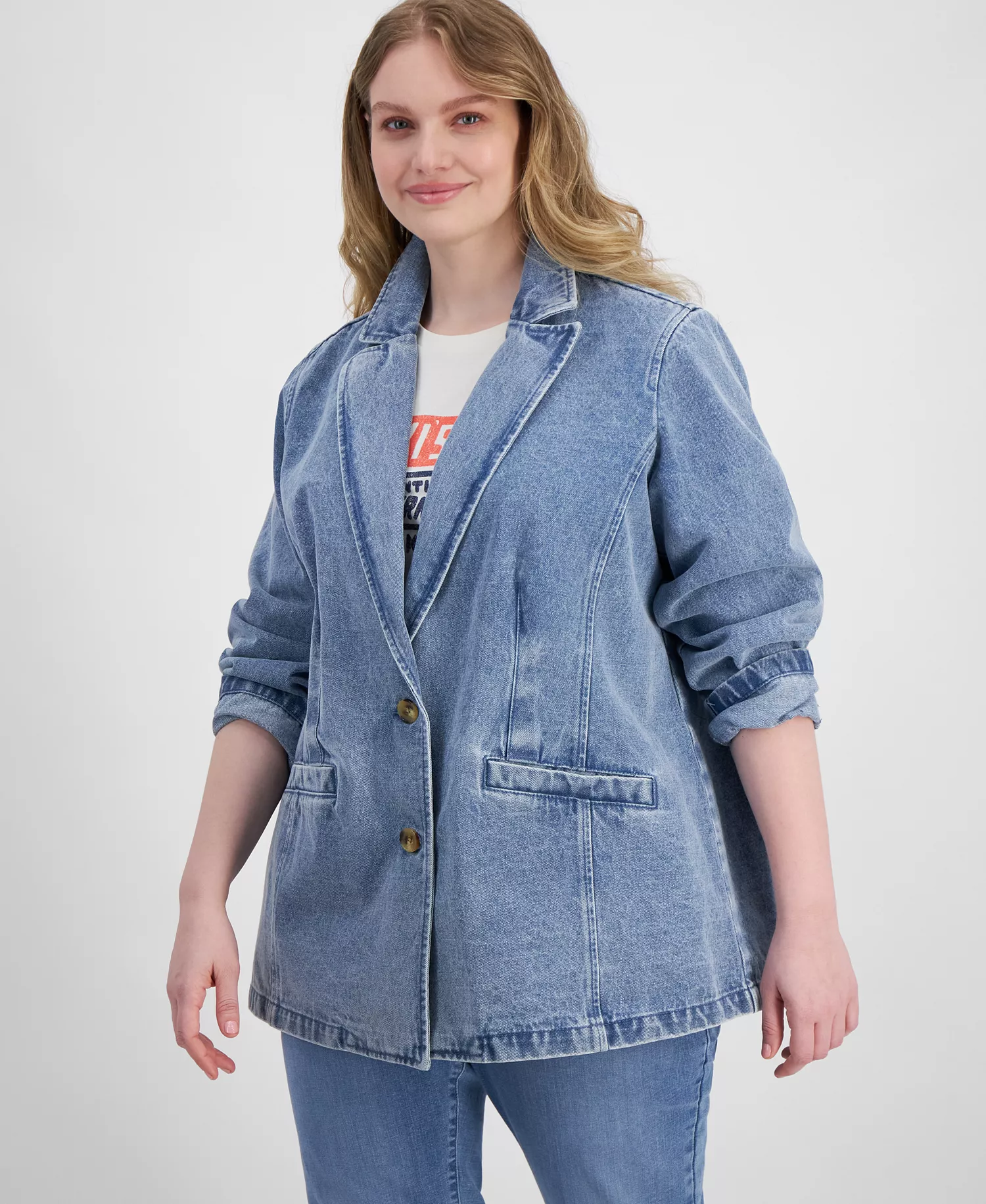 Plus Size Denim Long-Sleeve Blazer Jacket - Light Wash Denim - 1X